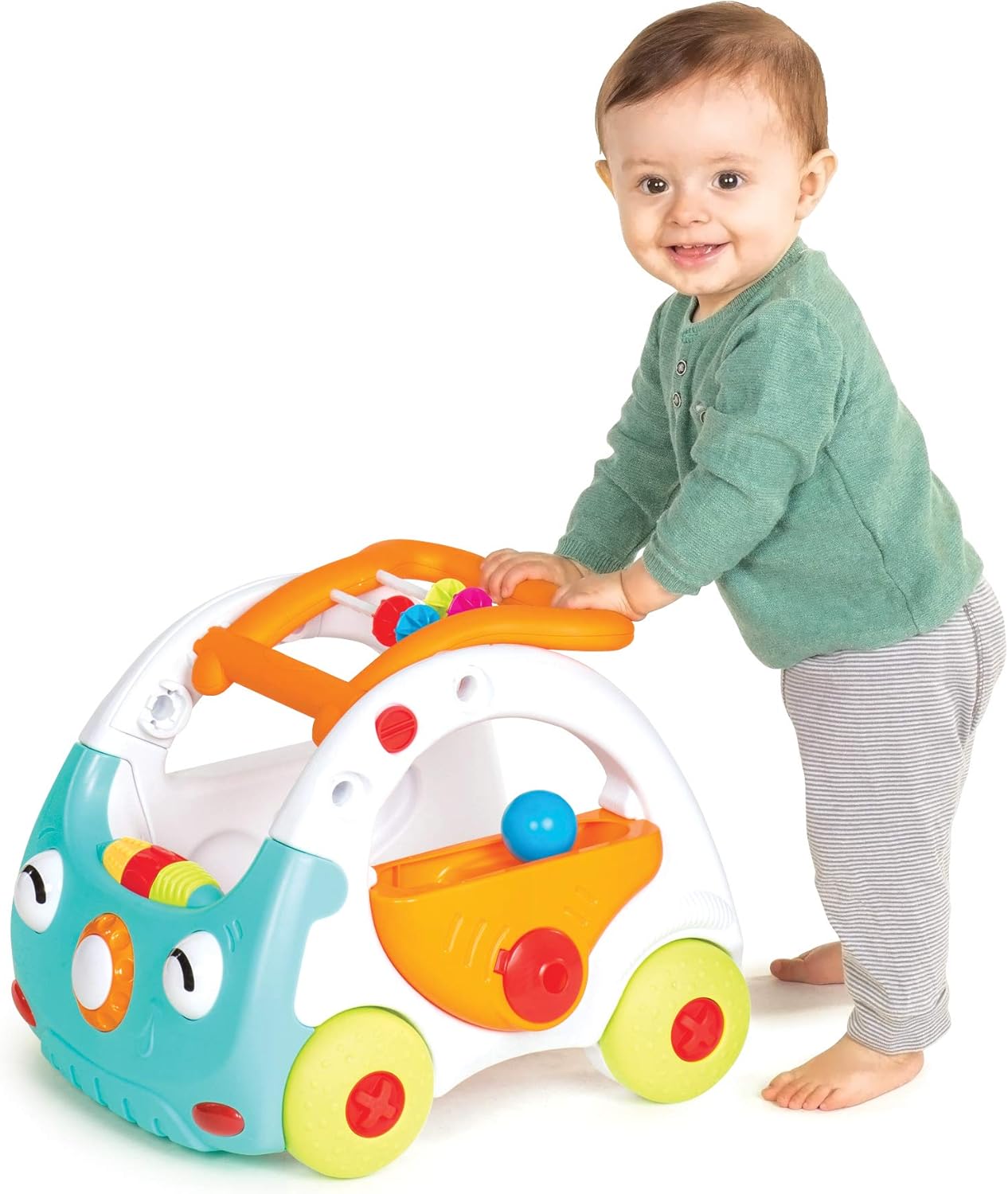 Baby standing and playing with the Infantino Senso 3-in-1 Discovery Car