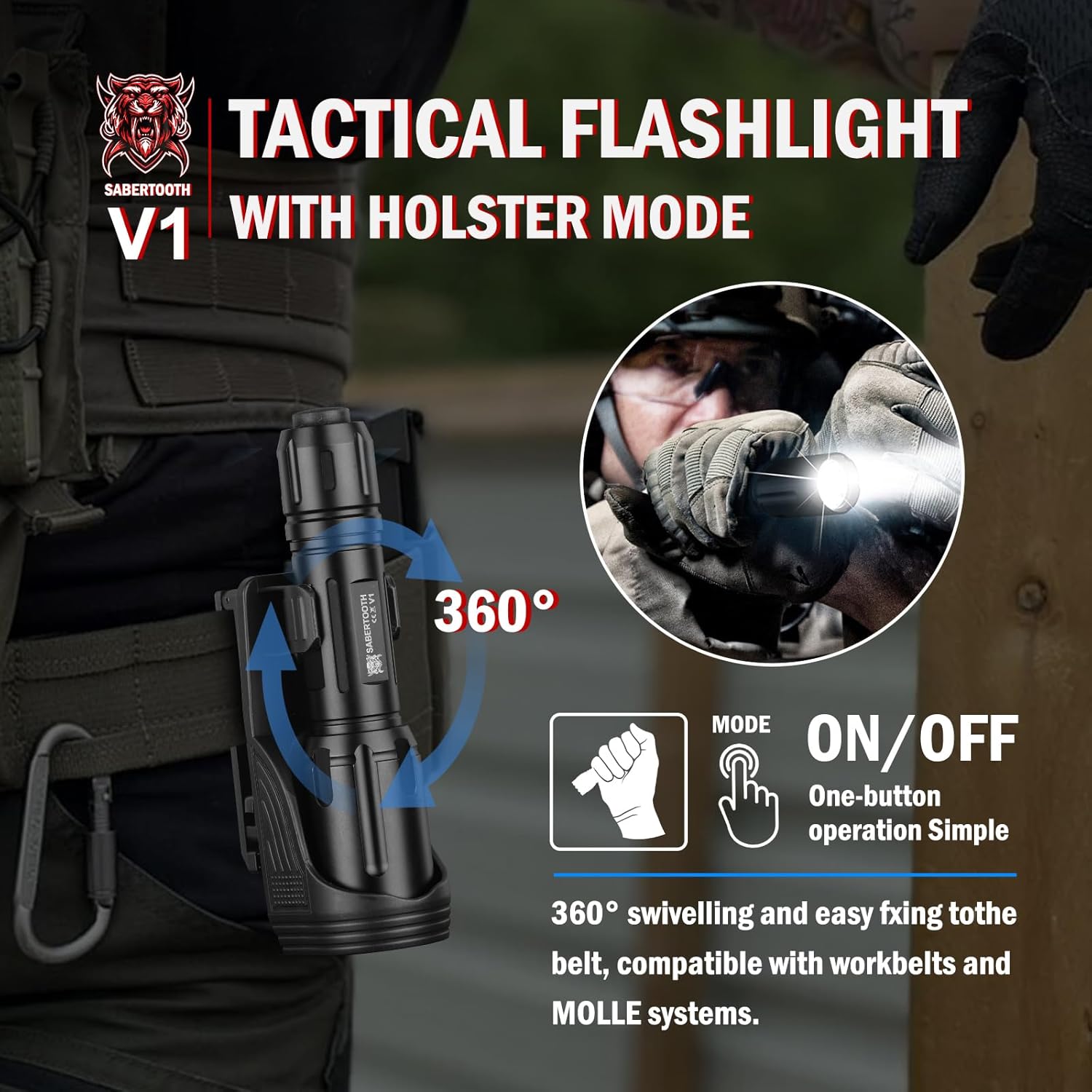 SABERTOOTH 2200 High Lumens Tactical Police Flashlight with Duty Belt Holster, Professional Law Enforcement Flashlight for Work, Camping, Outdoor & Self Defense