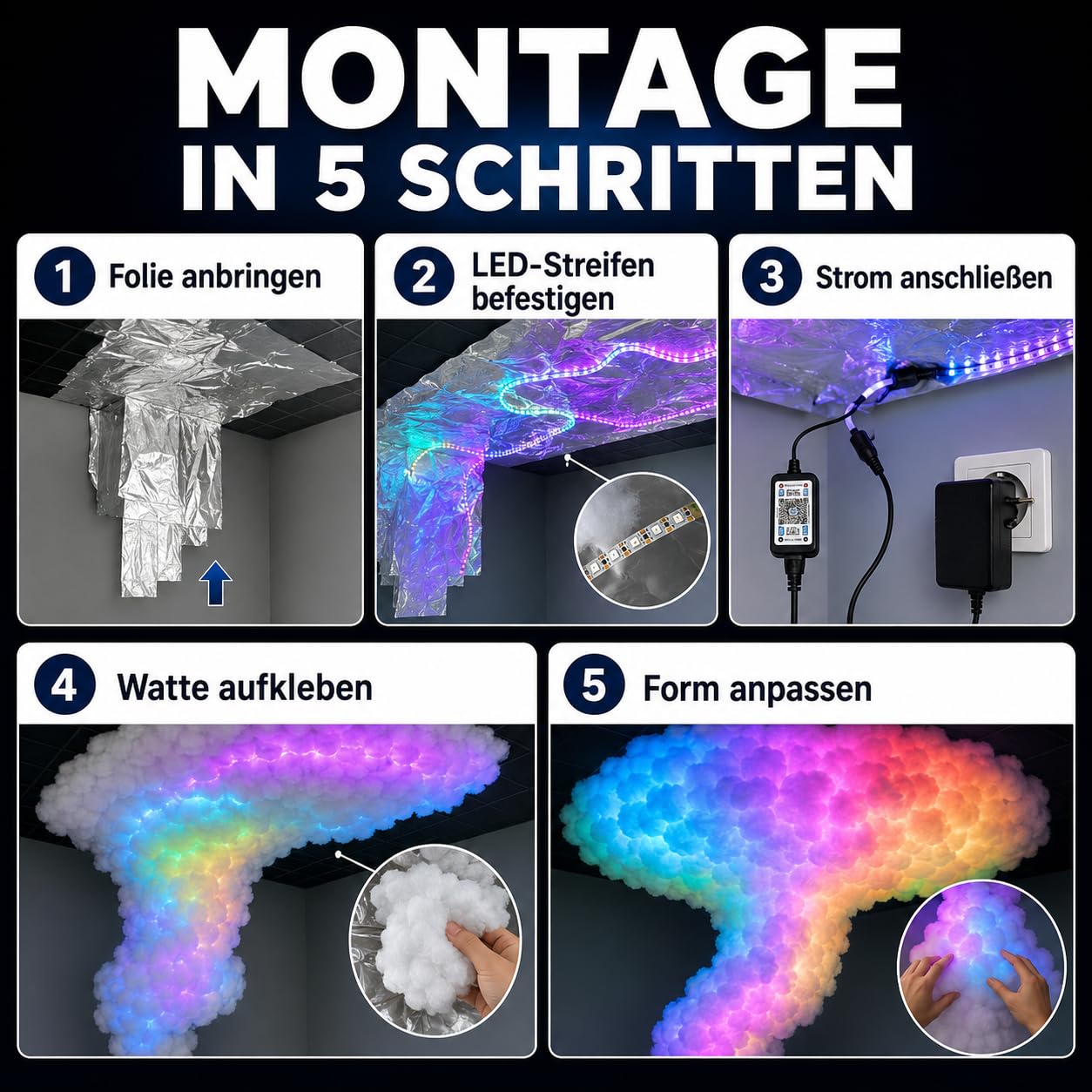 Rgb-Gewitterwolkenlampe Intelligente Led-Nachtlichter Sehr Coole Diy-Kreativwolkenlichter, Schlafzimmer-E-Sport-Raumdekor füR Verschiedene Festivals,Rgb,16ft/5m