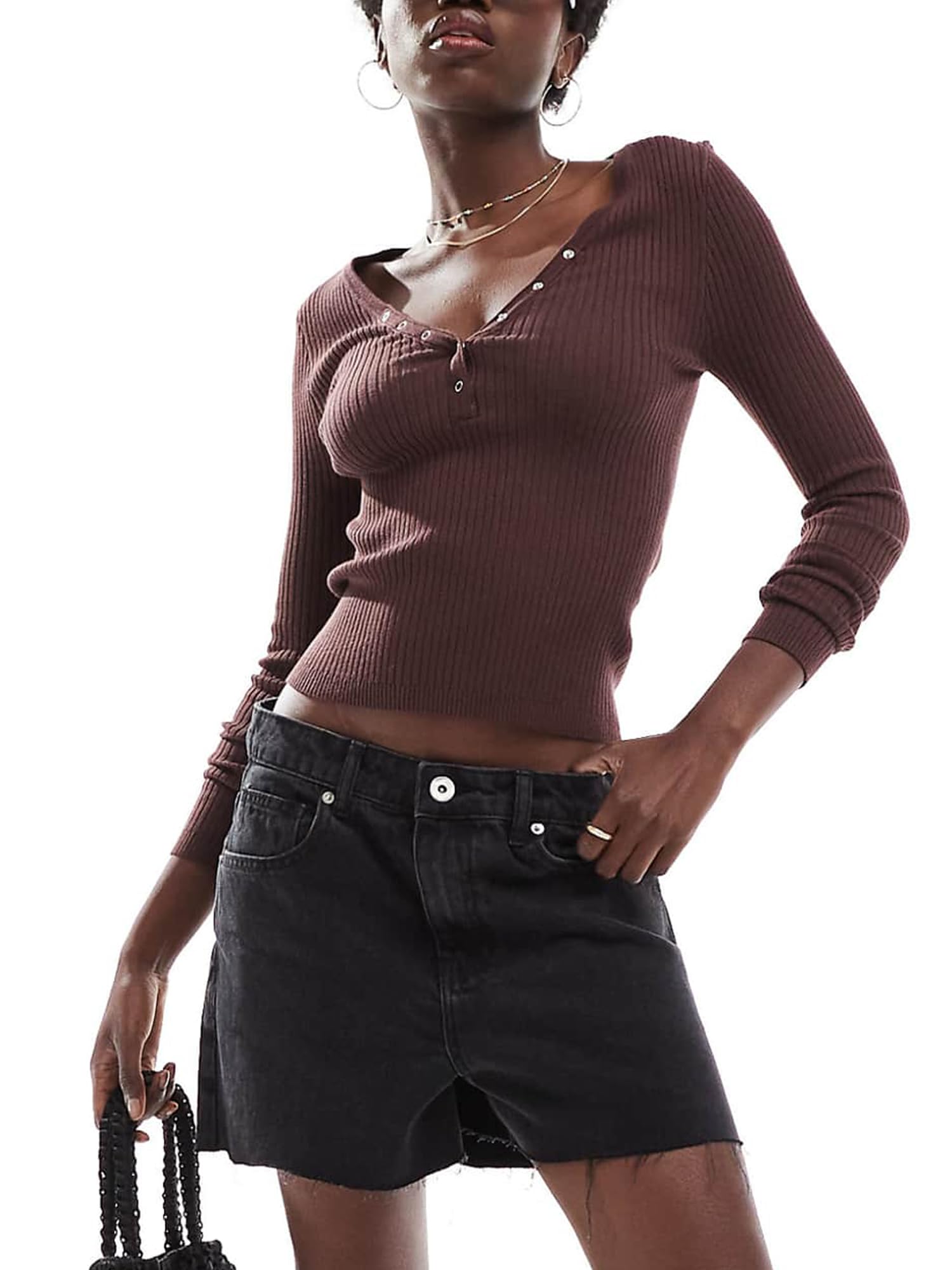 Women's Long Sleeve Knit Shirts Button V Neck Slim Fit Ribbed Trendy Basic T Shirt Y2K Teen Knit Henley Shirts (A-Dark Brown, S) - Image 3