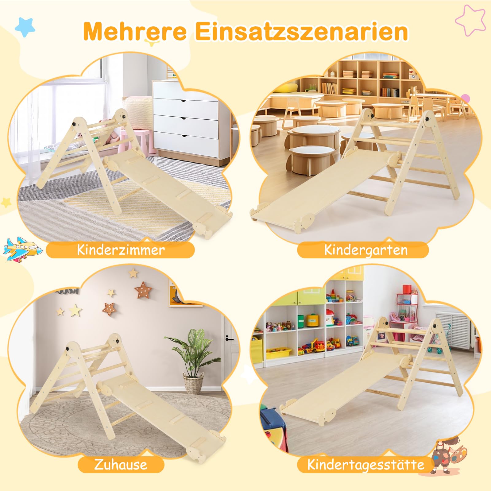 COSTWAY Kletterdreieck mit Rutsche, Sprossendreieck Holz klappbar & höhenverstellbar, inkl. doppelseitige Rampe, zum Klettern & Rutschen, Klettergerüst Indoor ab 1 Jahr (Natur)
