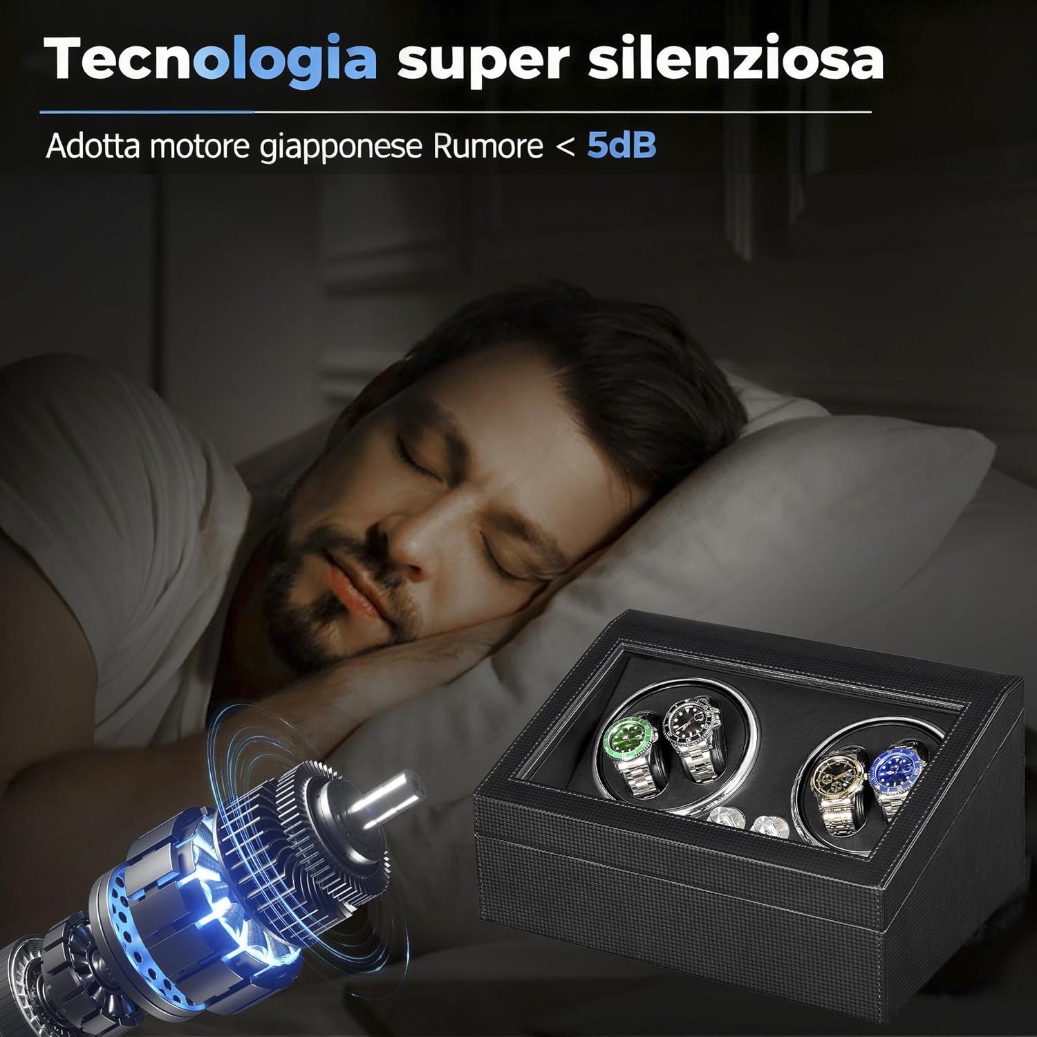 ANWBROAD JWW002F - Caricatore per orologi automatici, 4 modalità di rotazione, USB, 4 rotatori per orologi e 6 scomparti extra, con motore super silenzioso e retroilluminazione a LED, in fibra di
