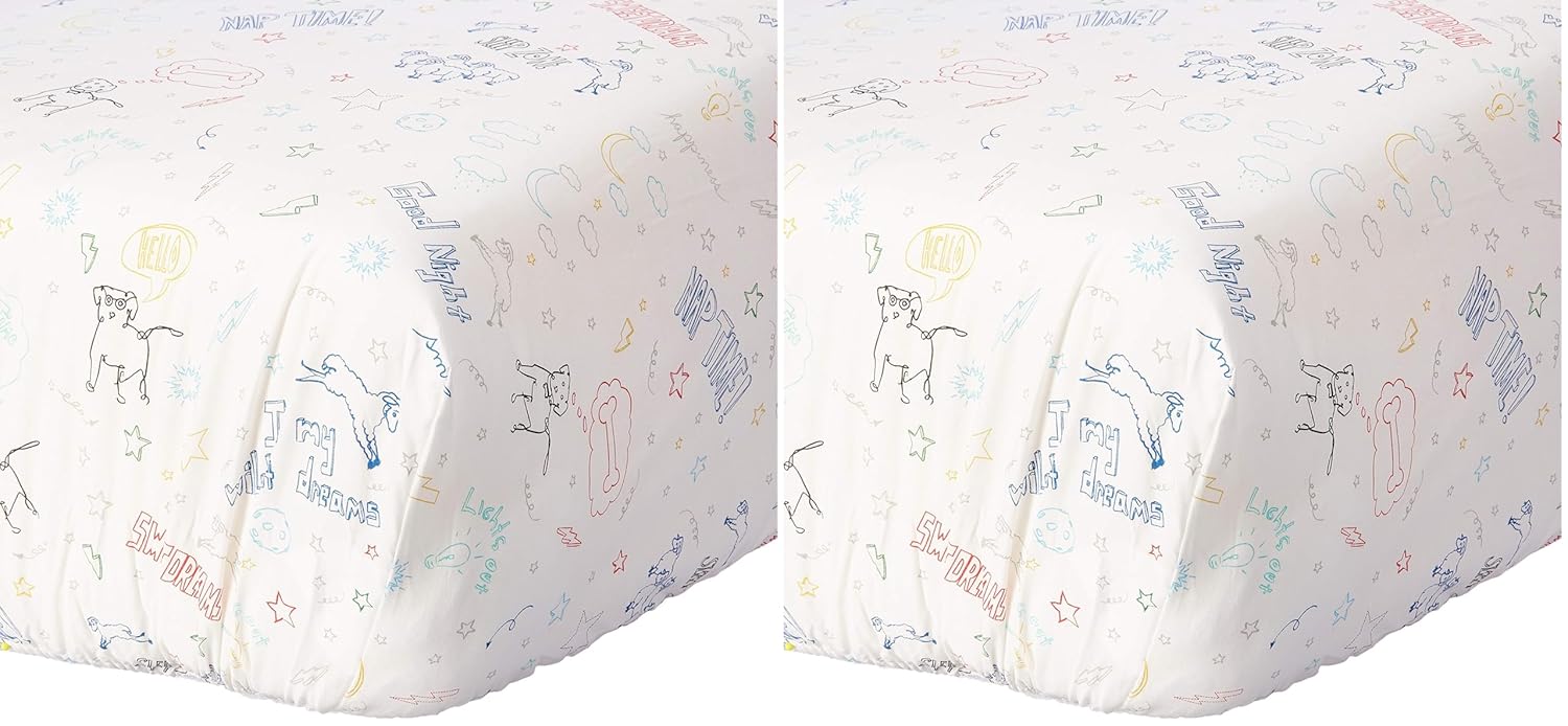 ED Ellen DeGeneres Doodle Dog - 100% Cotton Fitted Crib Sheet, All-Over Doodle Print, Ivory, Royal, Red, Yellow (Pack of 2)