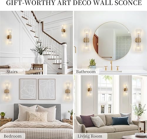 Miniatura 3 de EFINEHOME Lámpara de pared moderna de mediados de siglo con pantalla de cristal  2 luces de tocador doradas para baño, pasillo, dormitorio, sala de