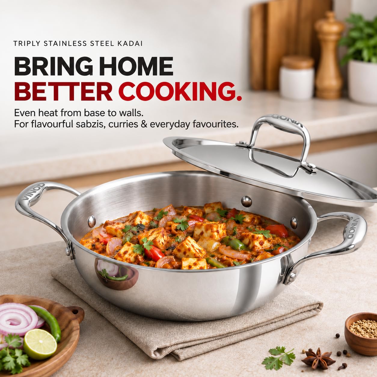 Vinod Stainless Steel Kadai - 28cm with Lid -3 Vinod Stainless Steel Kadai - 28cm with Lid -3