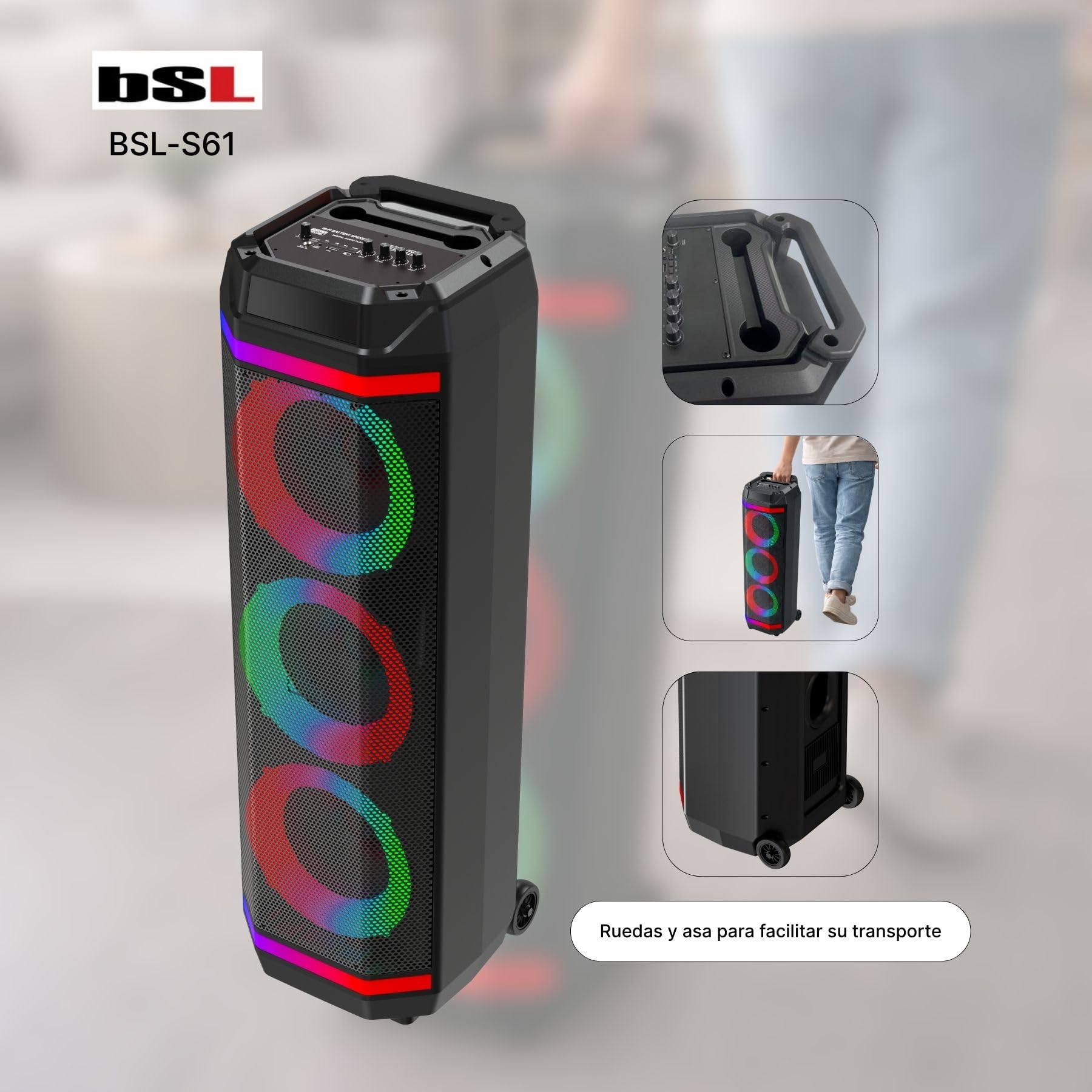 Altavoz Bluetooth BSL-S61 con iluminación en los Altavoces |3 Altavoces de 8 Pulgadas | 50W | Incluye Micrófono de Regalo | Batería de 3600 mAh | Radio FM y Reproductor MP3 vía USB | Carga USB-C