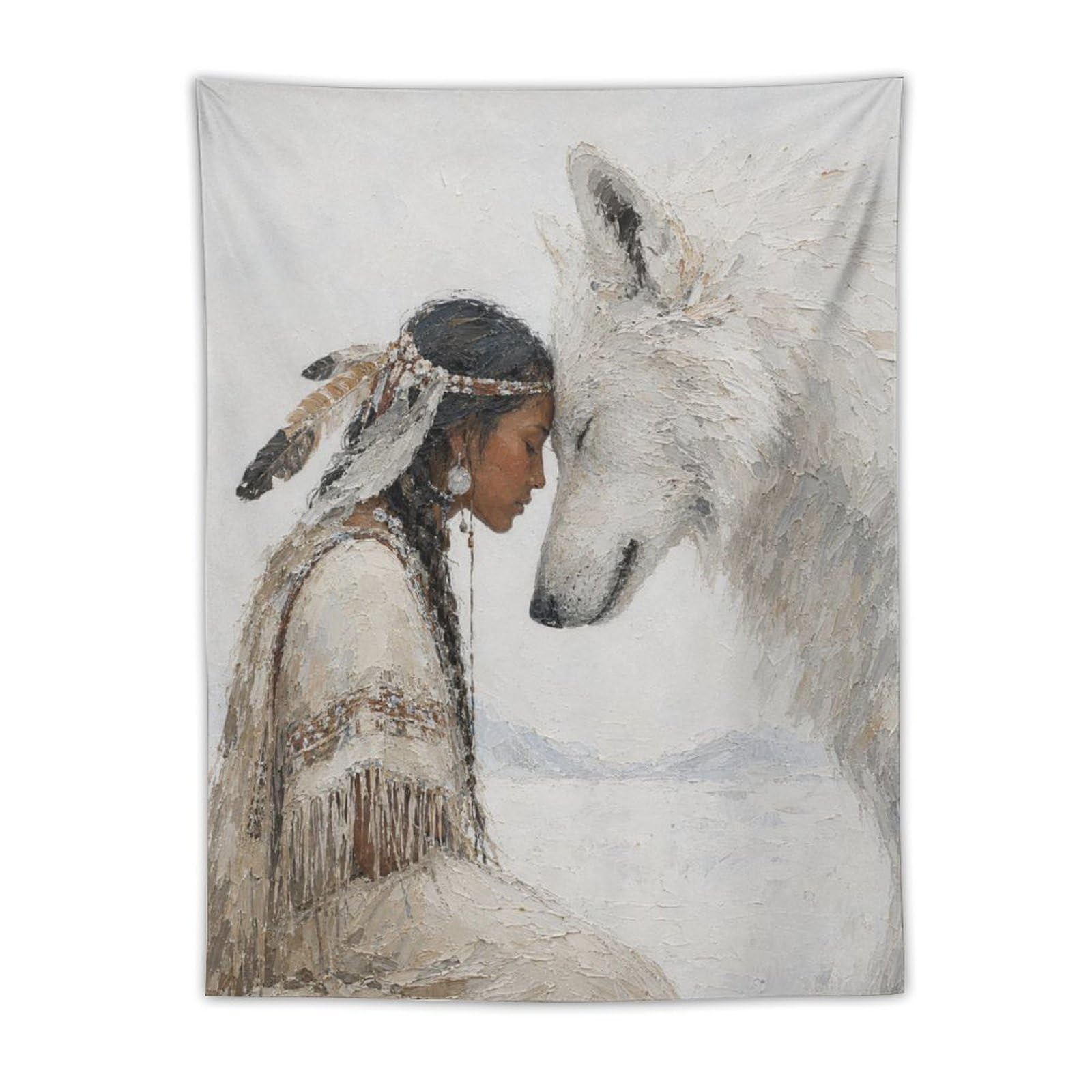 W7C8U2X3 Native Woman with White Wolf Wall Tapestry, Dorm Room