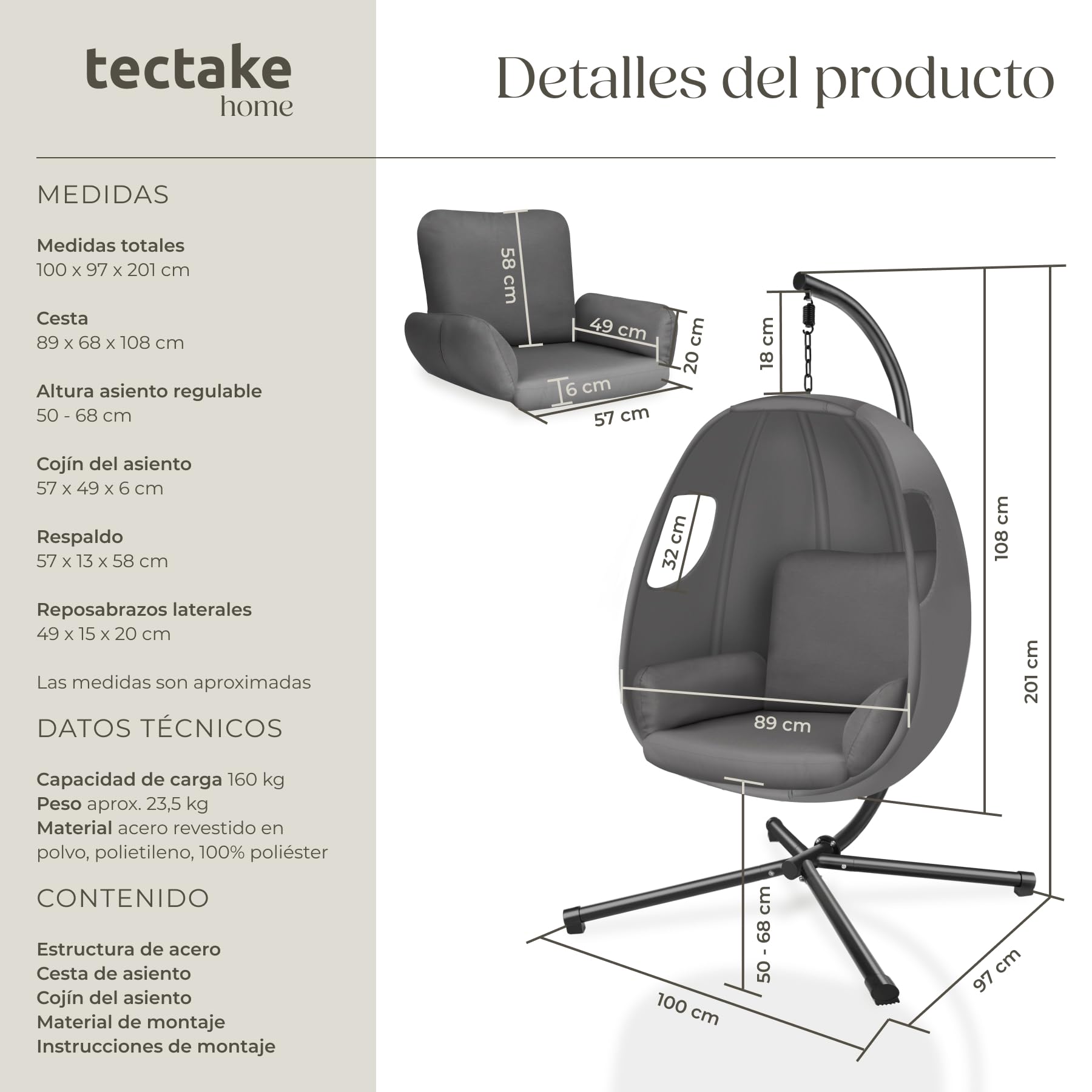 tectake® Columpio Jardín Exterior con Estructura, Silla Colgante Giratoria, Altura Ajustable, Resistente a la Intemperie, Sillón Colgante, hasta 160Kg, con Funda Protectora y Cojines - Antracita