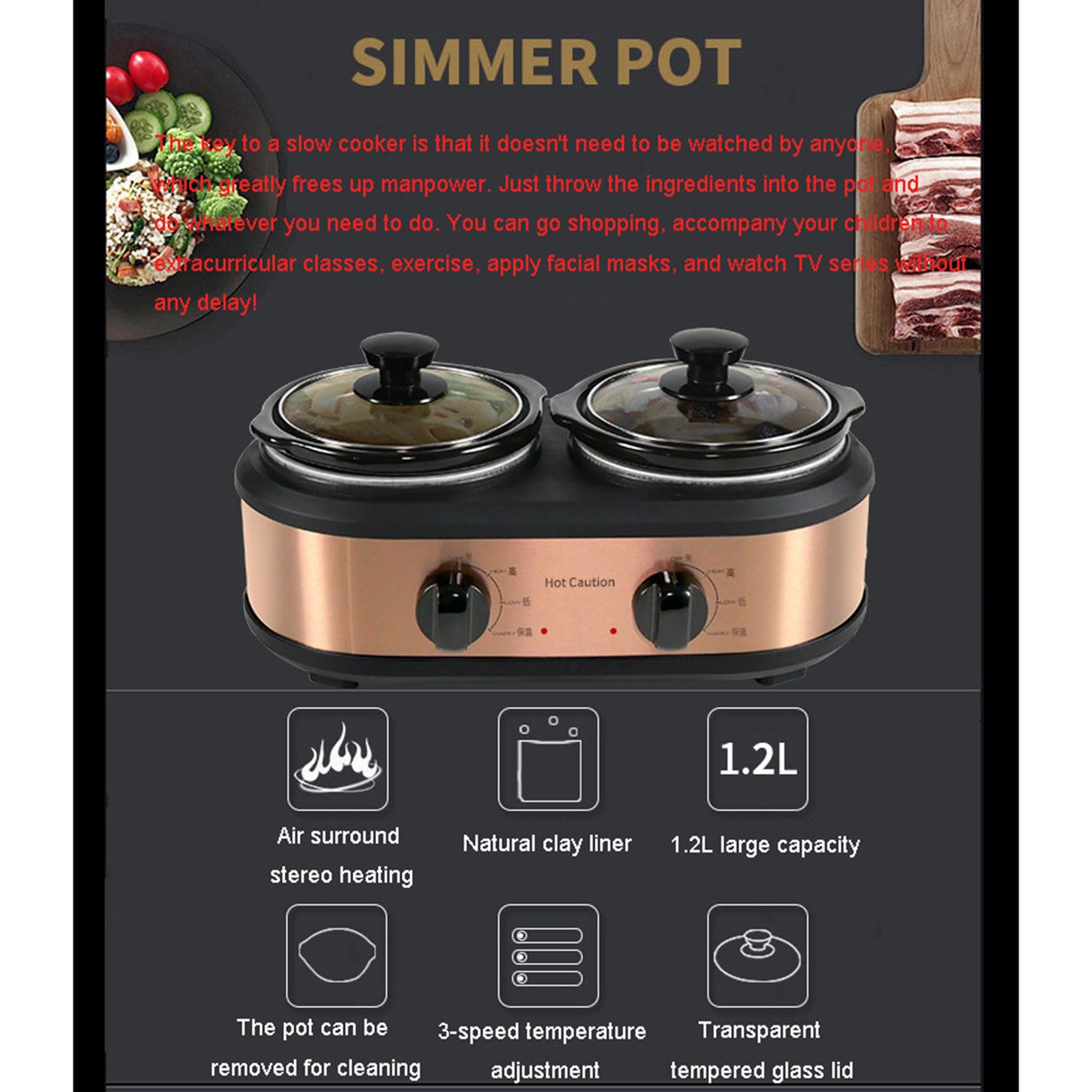 Olla de dos ollas automática para sopa y estofado, olla eléctrica multifuncional, calentador de alimentos de cocción lenta doble de 2 ollas, temperatura ajustable