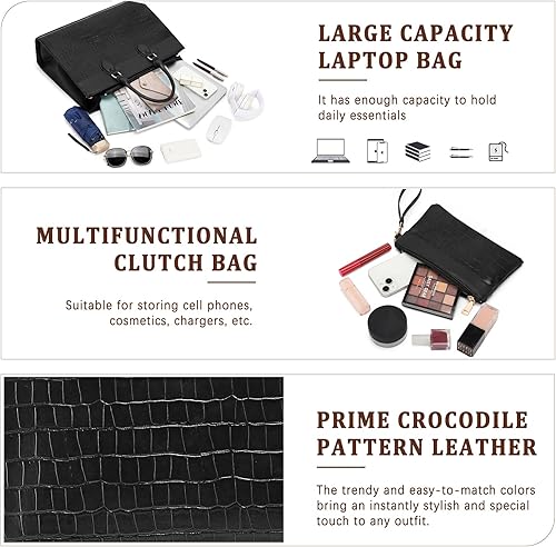 Vista 4 de BOLOSTA Bolsa para laptop para mujer, bolsa de trabajo de 15.6 pulgadas para mujer, bolsa grande de cuero impermeable para computadora con bolso