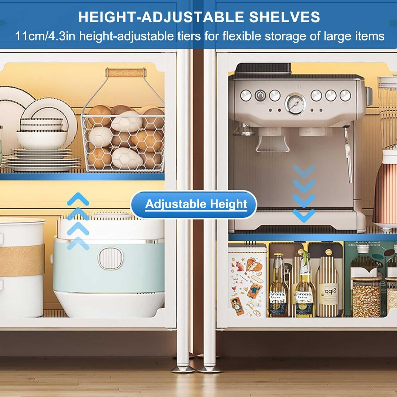 Black 5 Tier Kitchen Bakers Rack with Adjustable Shelf and Storage Drawer Multifunctional Microwave Stand Buffet Coffee Bar Cabinet Pantry Organizer for Tall Spaces.