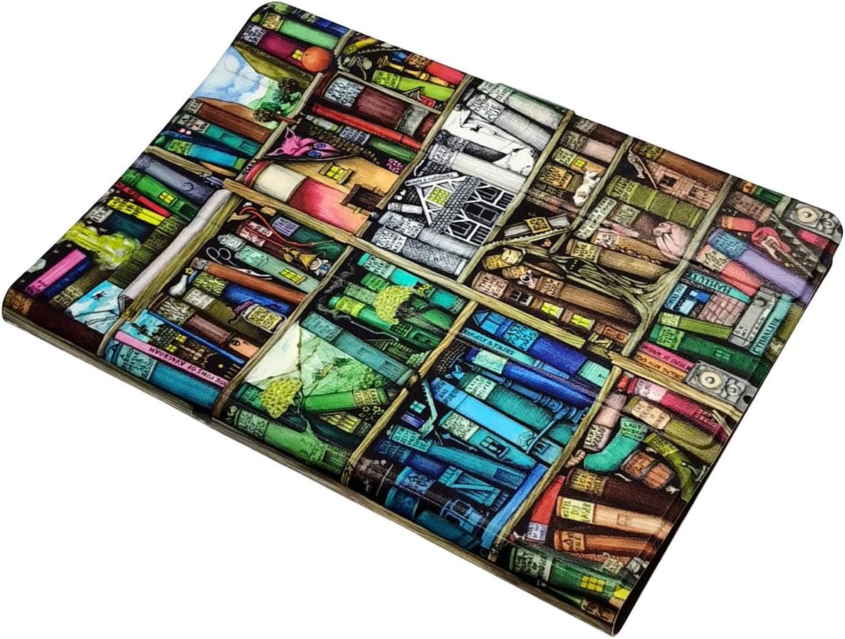 Aroepurt protective tablet case with a colorful bookshelf design, viewed from above while open.