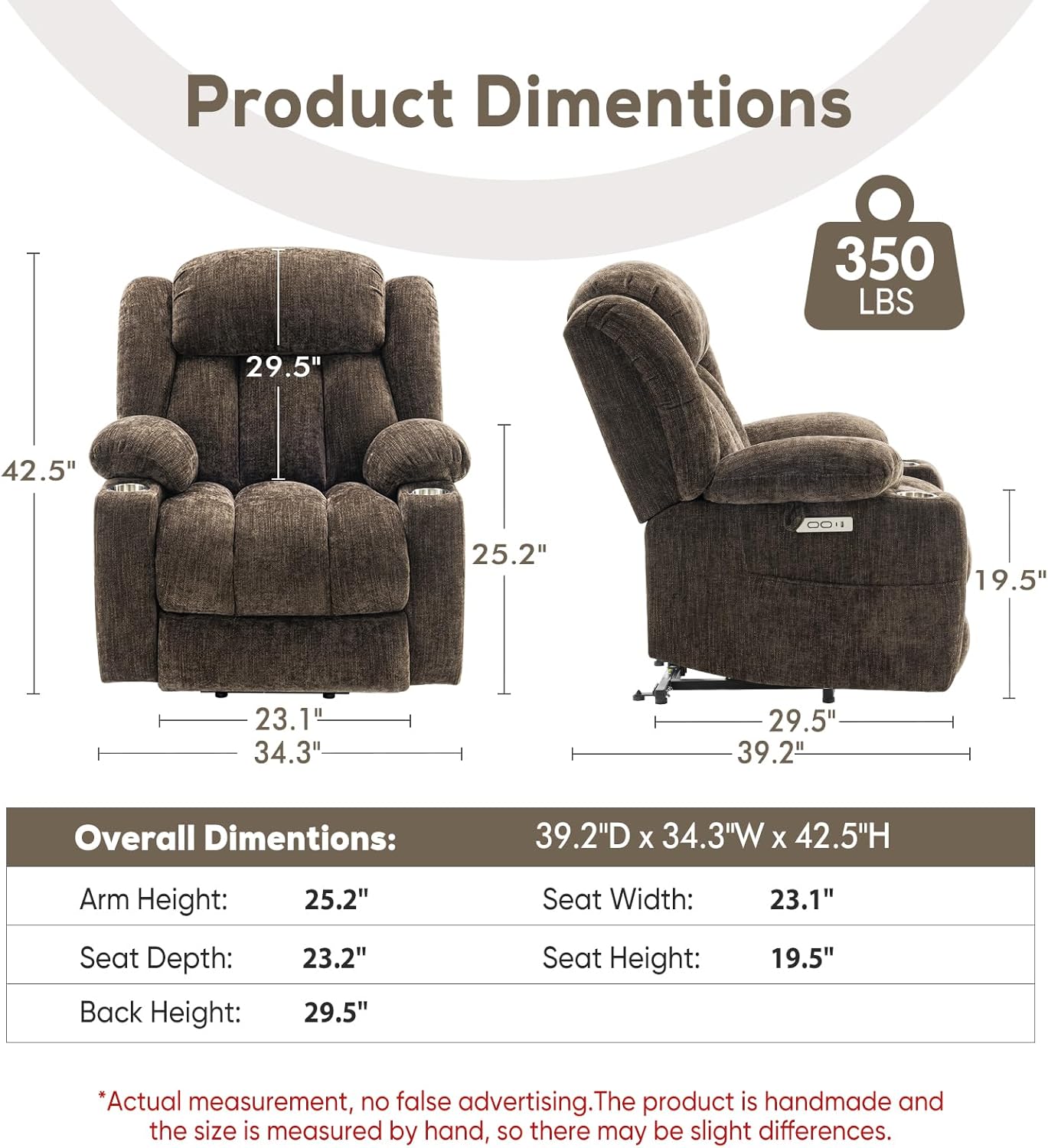 ABCASA Large Power Lift Chairs Recliners for Elderly with Heat ＆ Massage, Upgraded Chenille Recliners, USB-A ＆ C, Cup Holder, Side Pocket, Brown