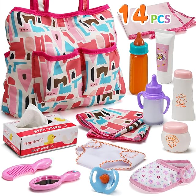 14 Pack Baby Doll Accessories Feeding and Caring Set Includes Diaper Bag, Diapers, Magic Bottle, Changing Mat for Girl Toddler Kid, Babies Pretend Play Set for Birthday Gift Christmas