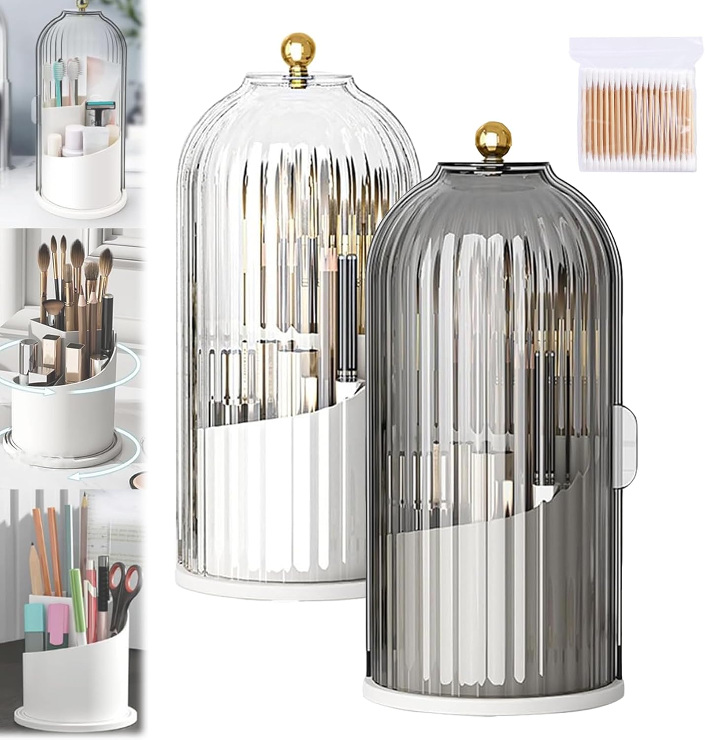 Concealed Toothbrush Holder, Toothbrush Holders With Sliding Lid, 360° Rotating 3 Slots Bathroom Organizer Countertop For Toothbrush Toothpaste, Vanity Makeup brushes Holder (2pcs-3)