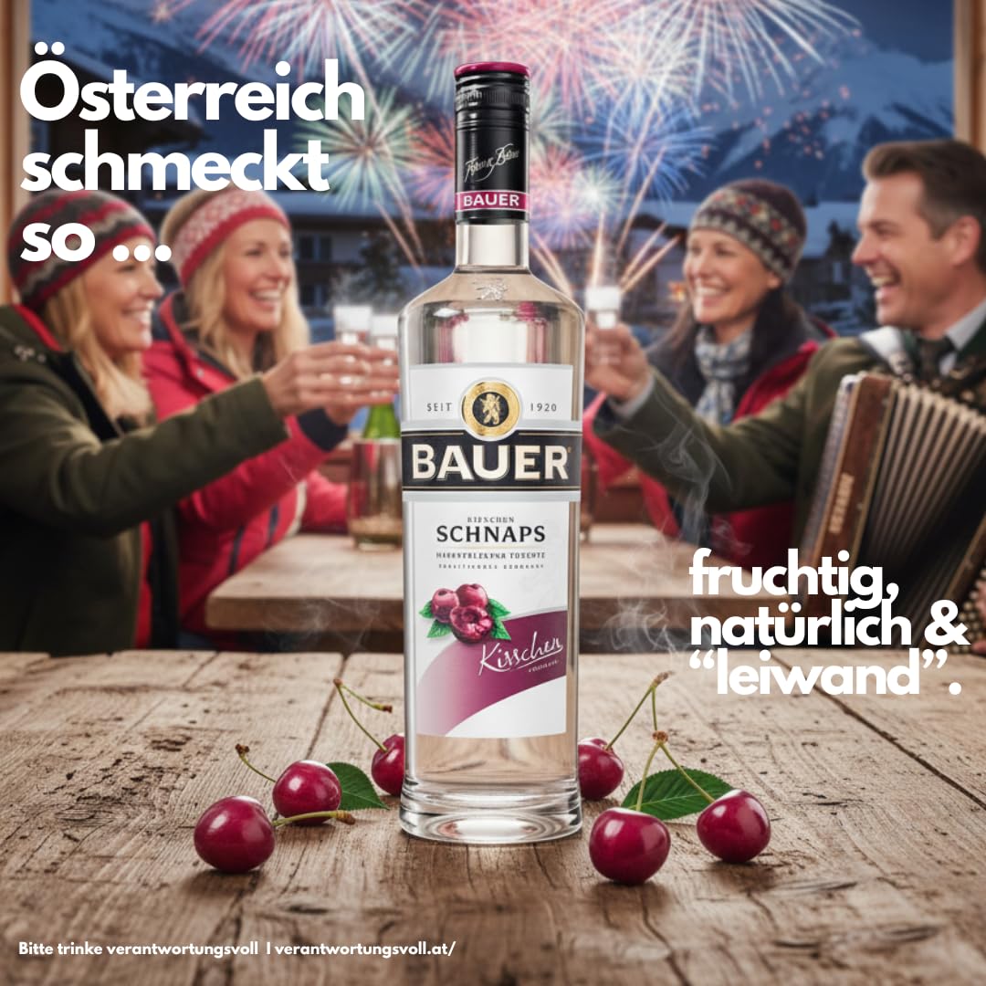 Bauer Kirschschnaps - Der fruchtige Klassiker für besondere Genussmomente - Obstbrände aus Österreich seit 1920 - Kirschen Schnaps Geschenk Idee (1 x 0,7L)