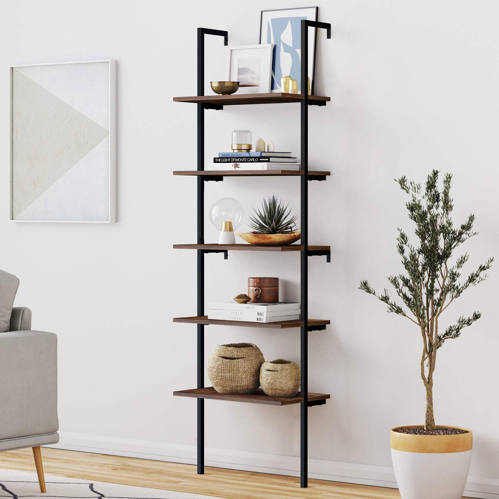 HITIK 5 Tier Wall Mounted Bookshelf, 72 Inches Tall Ladder Shelf with
