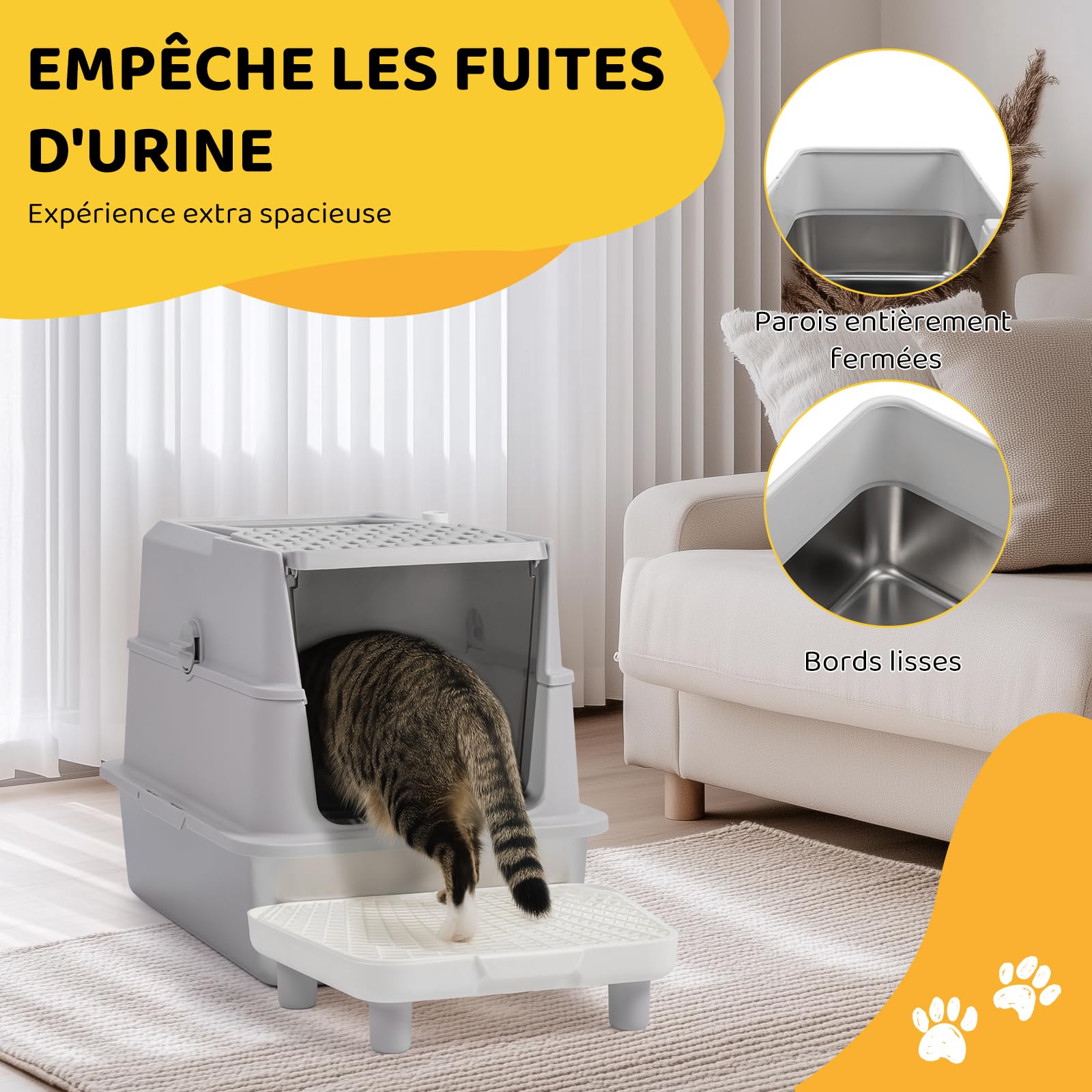 LEADZM - Bandeja de basura para gatos (60 x 40 x 46 cm, acero inoxidable, tapa extraíble, pala y alfombra de suelo, incluida, color gris