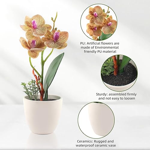 Miniatura 3 de 4 piezas de flores artificiales de orquídea falsa Phalaenopsis pequeña en maceta florero de cerámica para centro de mesa, hogar, oficina, baño,