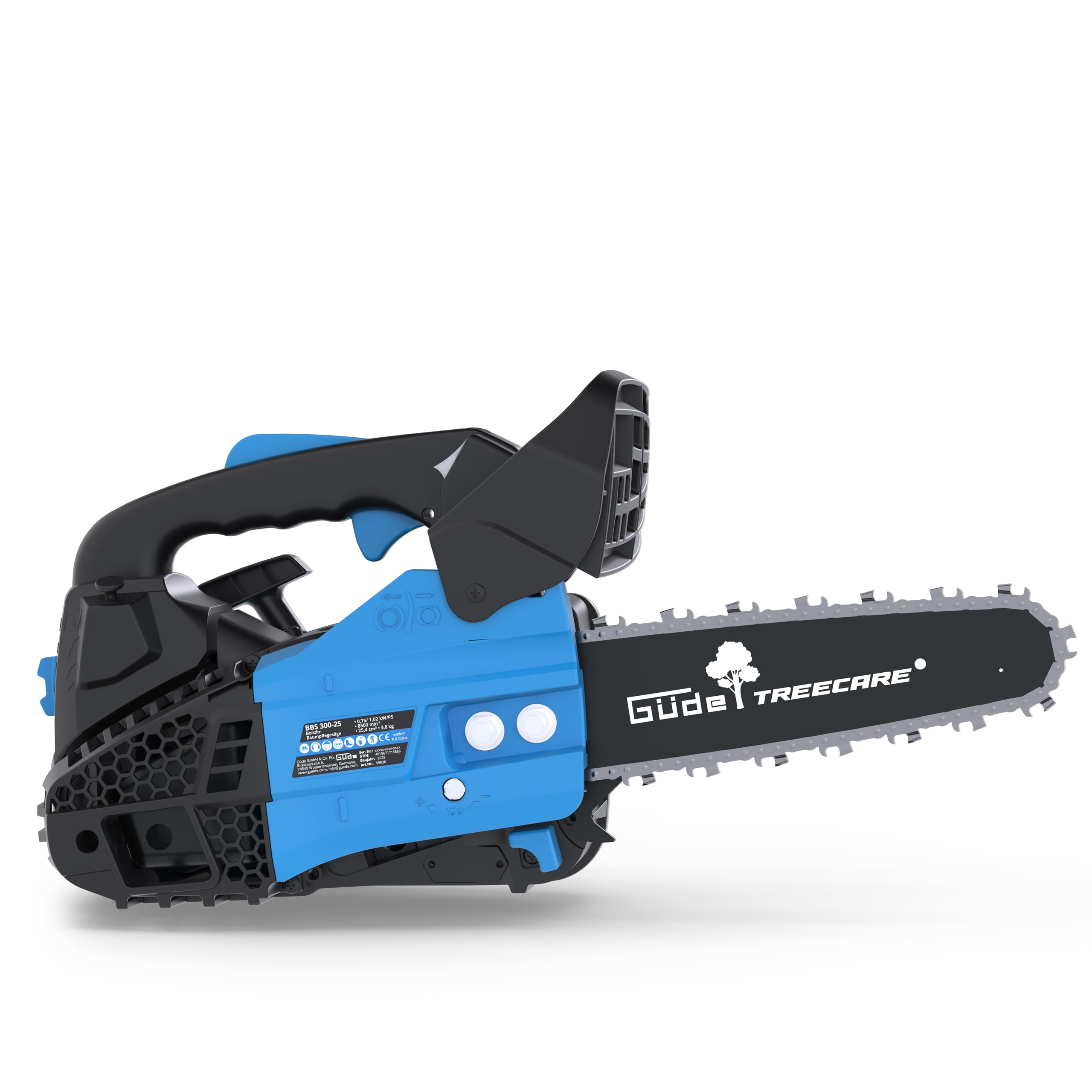 Güde BBS 300-25 Benzin-Baumpflegesäge – 25,4 cm³ Hubraum, 30,5 cm Schnittlänge, 0,75 kW Leistung, 23 m/s Kettengeschwindigkeit, mit Primer, Choke und Schnittgarnitur, für Garten und Baumpflege