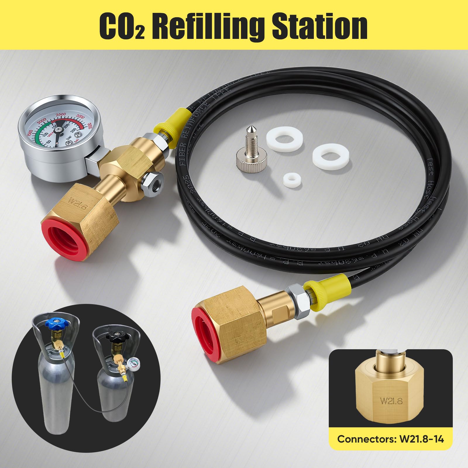 Schutzgas Umfüllschlauch 1,5m 2x W21.8-14 DIN477 CO2 Adapter Hochdruckschlauch 3500PSI Manometer CO2 Nachfüllstation Gasschlauch Argon Stickstoff Schweißgerät