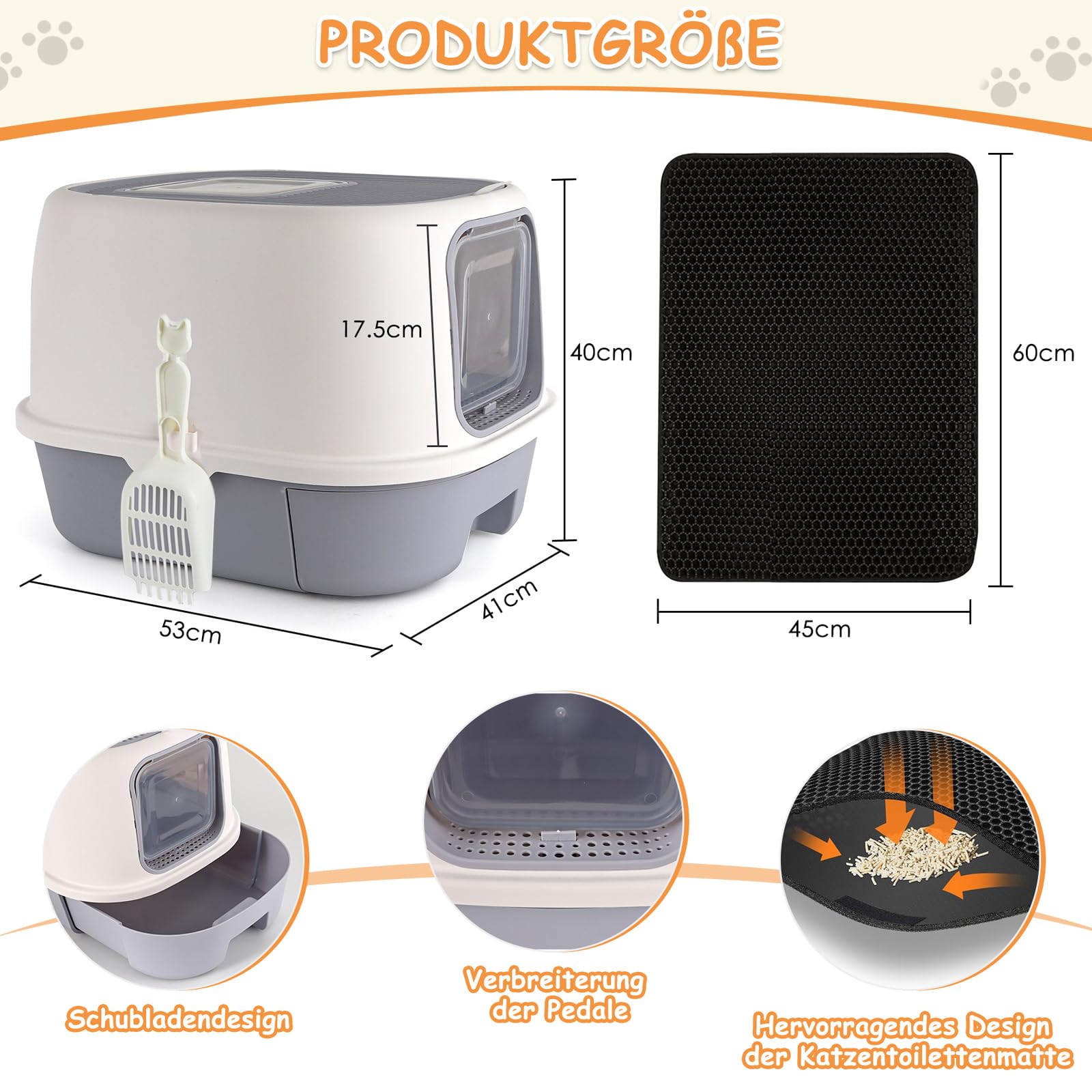 CALIYO Katzenklo mit Deckel – Anti-Geruch Katzentoilette Geschlossen hoher Rand, Katzenklo Groß XXL mit Schublade & Sieb für Große Katzen, Cat Litter Box (53×41×40 cm, Grau-Weiß)