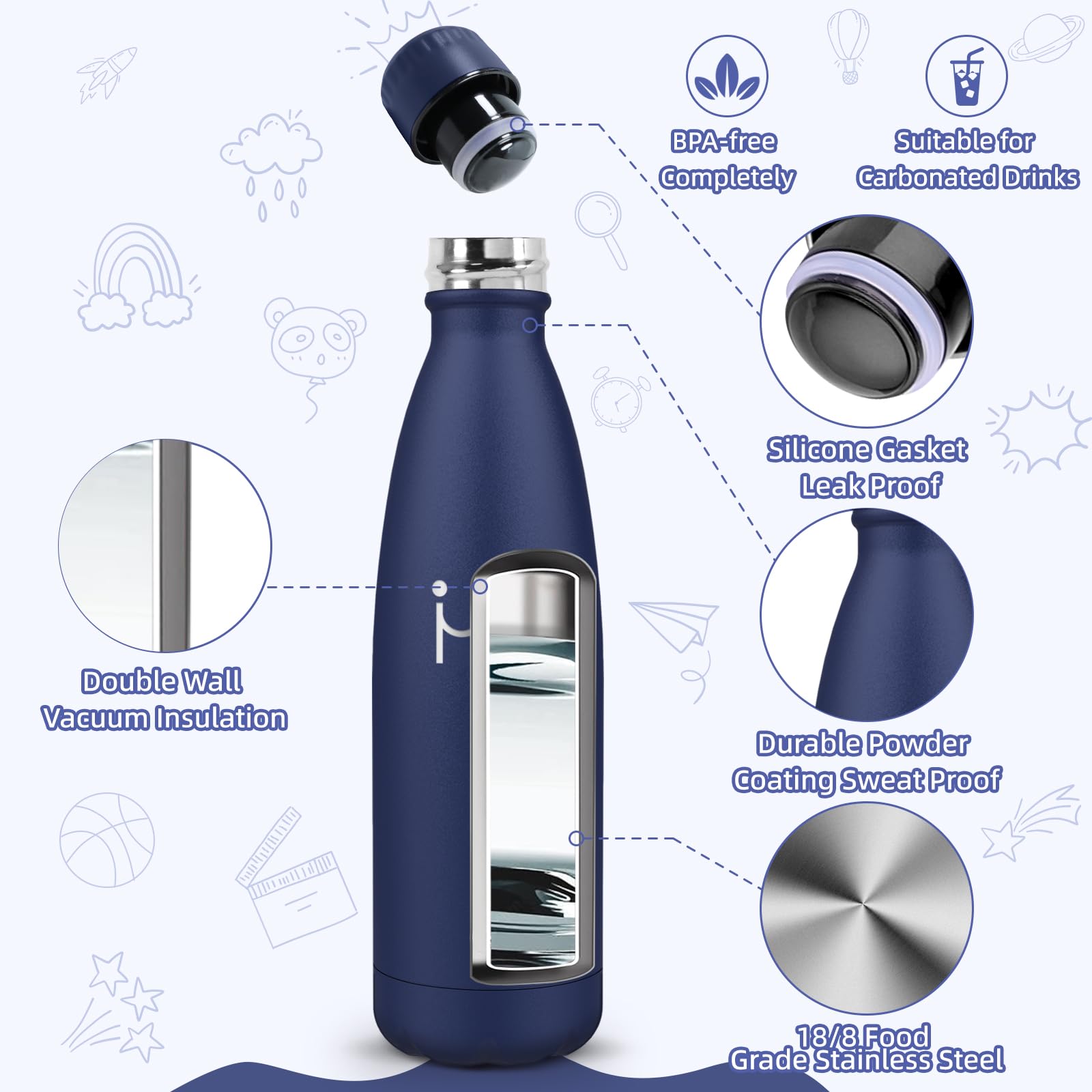 Motswedi Borraccia Termica, 500ml 18/8 Acciaio Inox, Bottiglia Termica, Senza BPA, Borraccia Acciaio Inox, 12 Ore/Freddo 24 Ore, per Scuola, Sport, Campeggio, Yoga, Palestra, Blu Scuro