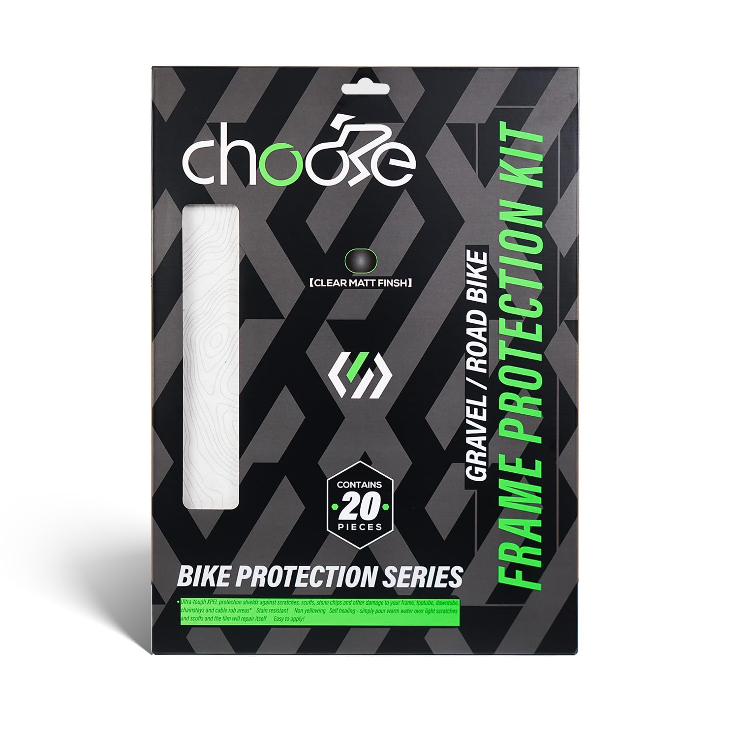 Chooee Lot de 20 films de protection pour cadre de vélo de course/Gravel - Pour tube supérieur et inférieur, roue arrière et fourche inférieure - Noir et transparent
