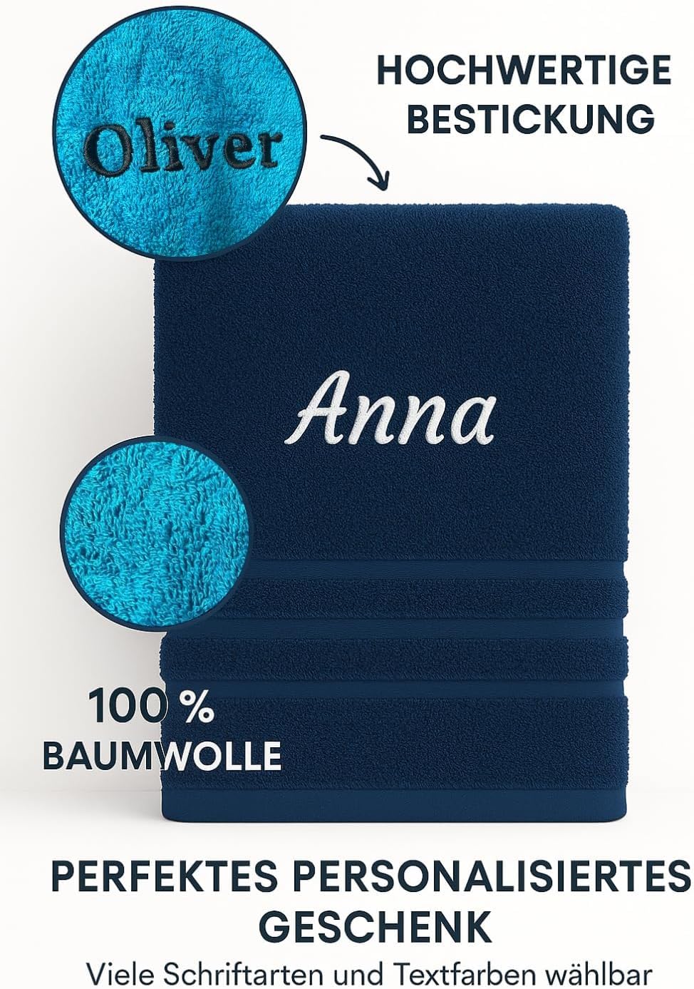 4er Pack Personalisiertes Handtuch und Badetuch mit Namen Schön gestickter Name Handbadetuch 100 % Baumwollhandtuch 2x (50 x 100 cm) + 2x (140 x 70 cm) Personalized Custom Towel with Name (Grau)
