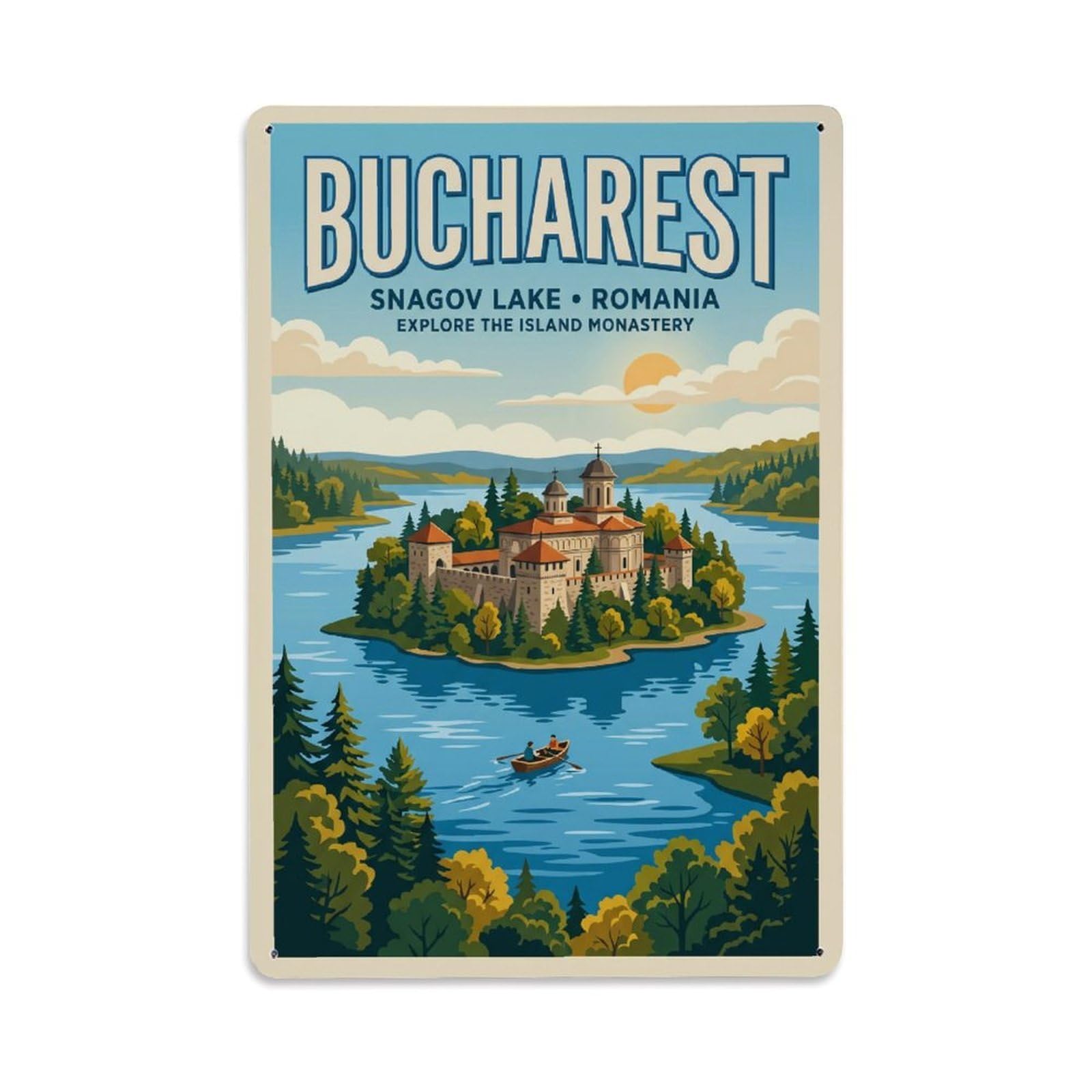 Vintage Travel Bucharest Snagov Lake Clean Romania Metal Tin Sign Plaque Wall Decor for Cafe, Club Bar, Office, Home Garden Metal Poster 8x12Inch