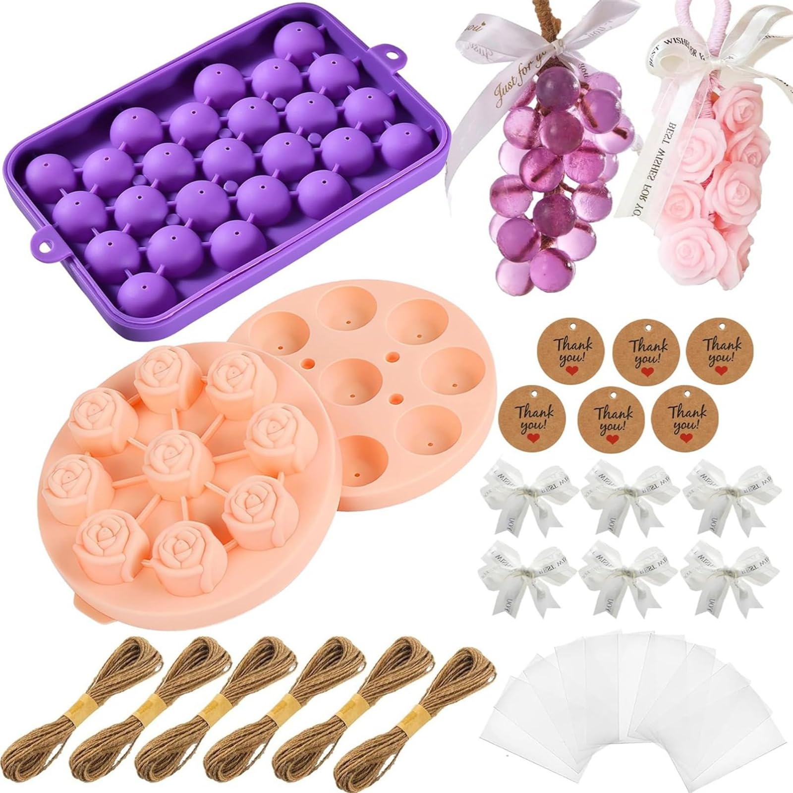Yjcnelcr 26Pcs Soap Making Supplies with Grape Rose Shaped Silicone Molds Rope Gift Bags Ribbons for Soap Making Set