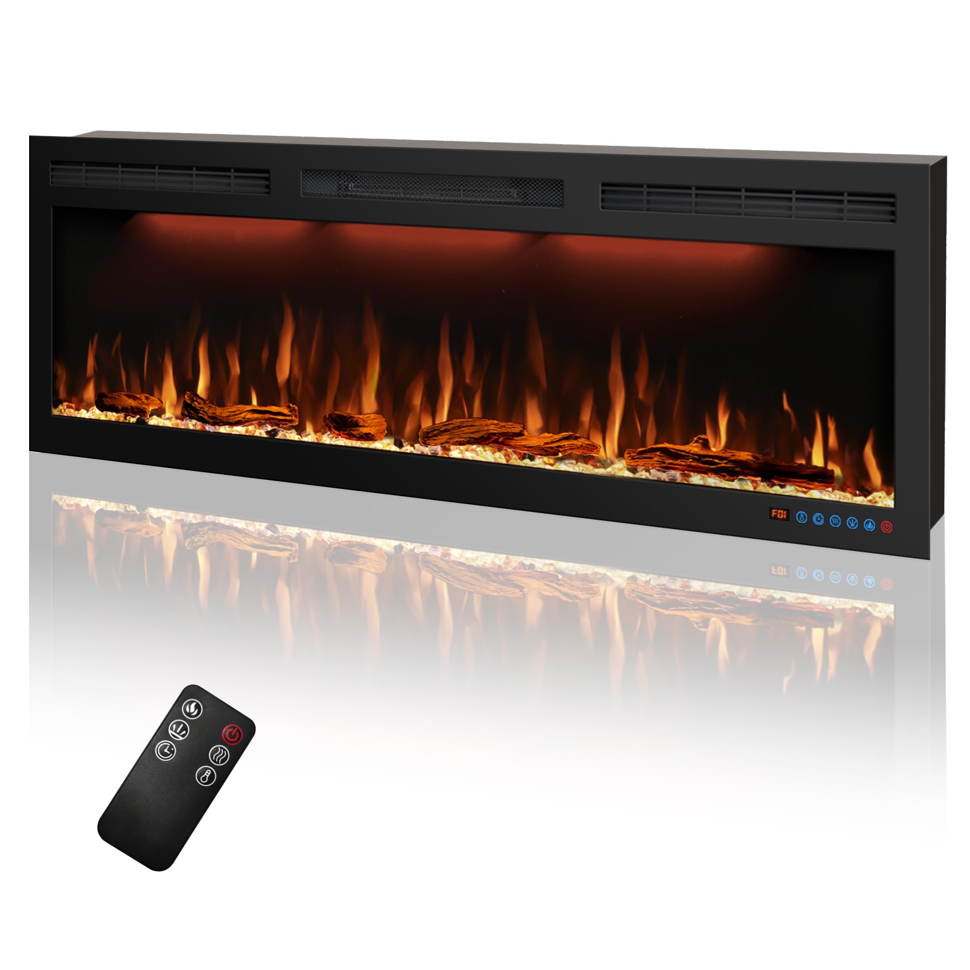 50 inches Electric Fireplace, Recessed and Wall Mounted Fireplace Heater and Linear Fireplace Inserts, with Timer, Remote Control, Adjustable Flame &