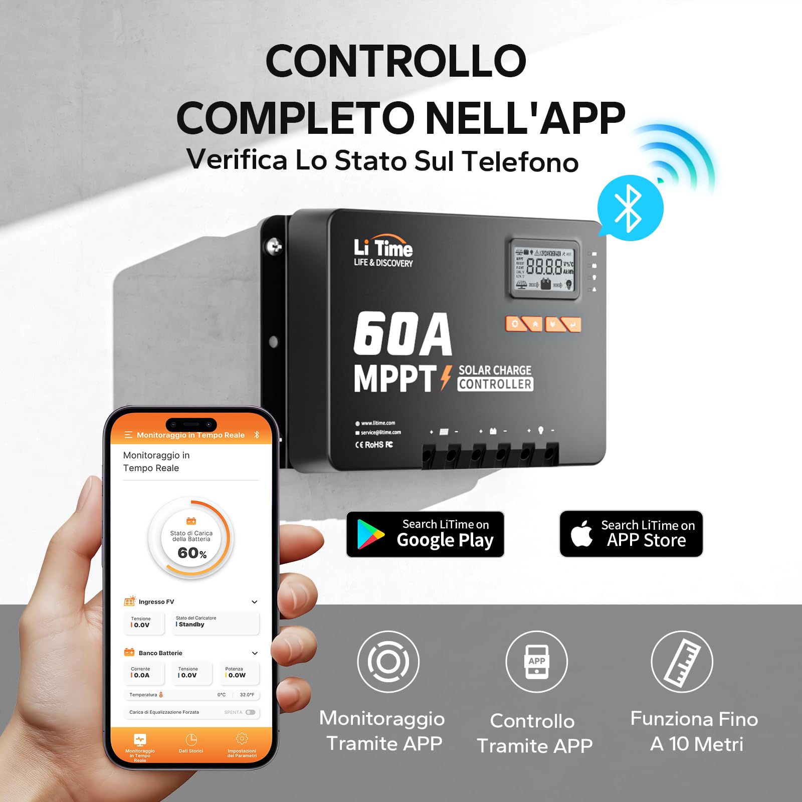 LiTime 60A MPPT 12V/24V/36V/48V Max. 3200W Regolatore di carica solare con ingresso DC automatico e adattatore Bluetooth, display LCD con parametri regolabili, indicatori LED, regolatore per pannello