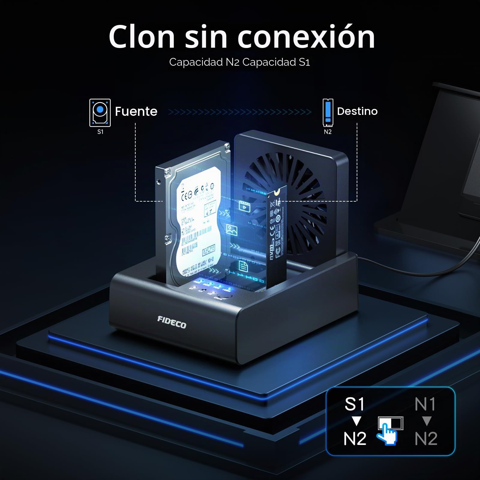 FIDECO Estación de Clonación para HDD y SSD NVMe M.2, USB 3.2 Gen 2 (10Gbps), Estación Clonadora de 3 Bahías para SSD NVMe M.2 y Discos Duros SATA 2,5"/3,5", con Ventilador Abatible