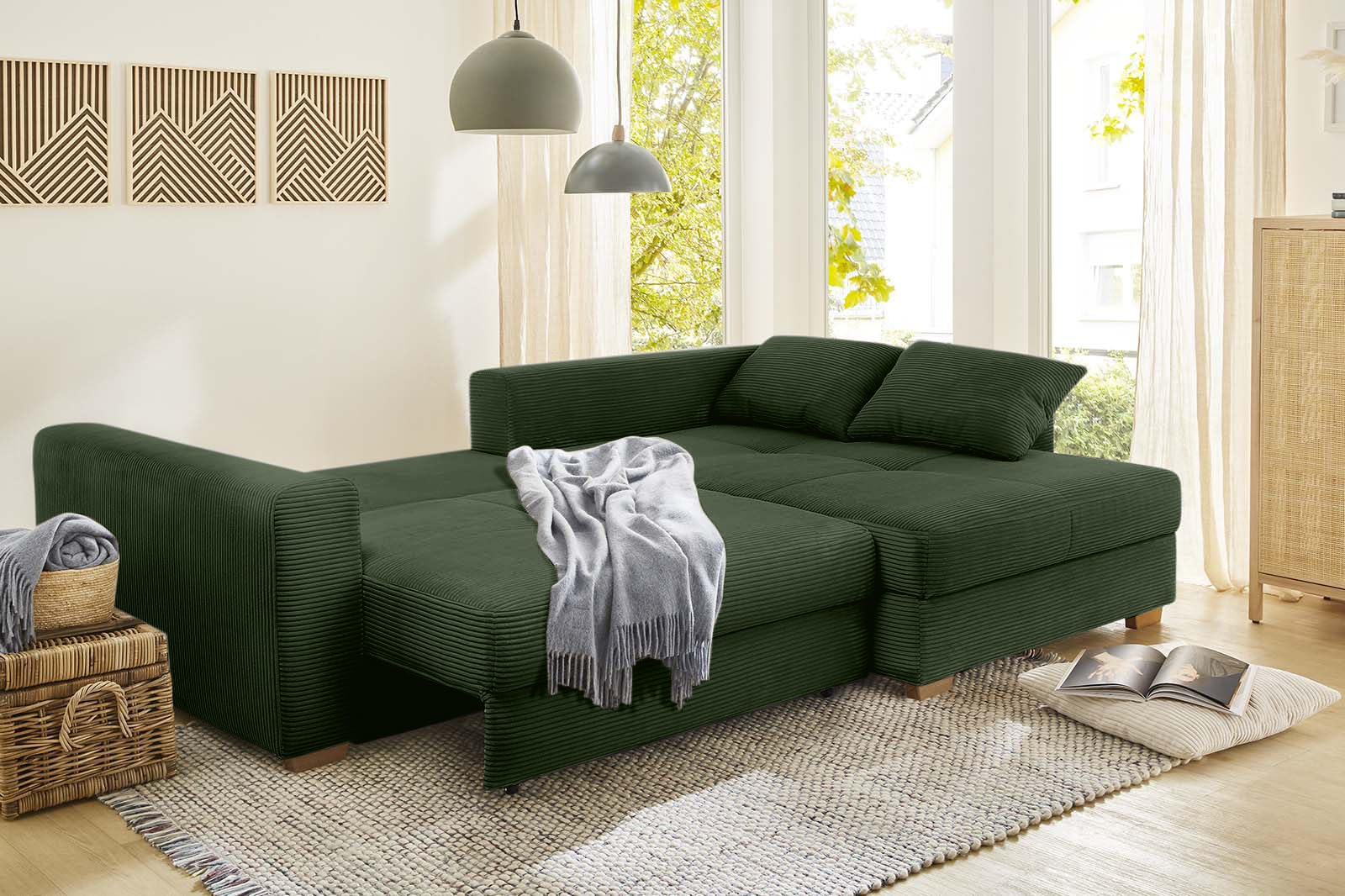 luma-Home 15156/ Ecksofa-Dauerschläfer mit Federkernpolsterung, Grün