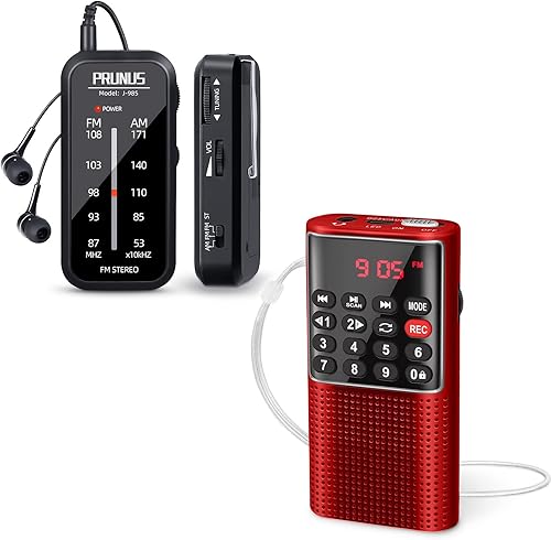 PRUNUS J-985 Mini radio estéreo AM/FM, portátil, funciona con pilas con auriculares, clip y llave de bloqueo; J-328 Mini radio portátil FM Walkman