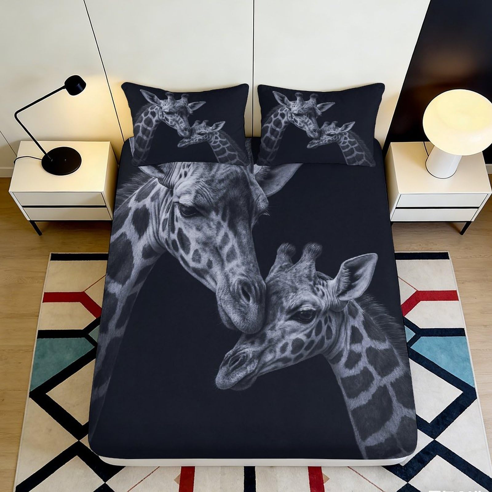 Jqzkxnhpbr Style-3 3D Printed Giraffe Family Fitted Sheet Microfiber Black Animal Mattress Cover For Bedroom Dorm Modern Home Decor 90X200x25cm