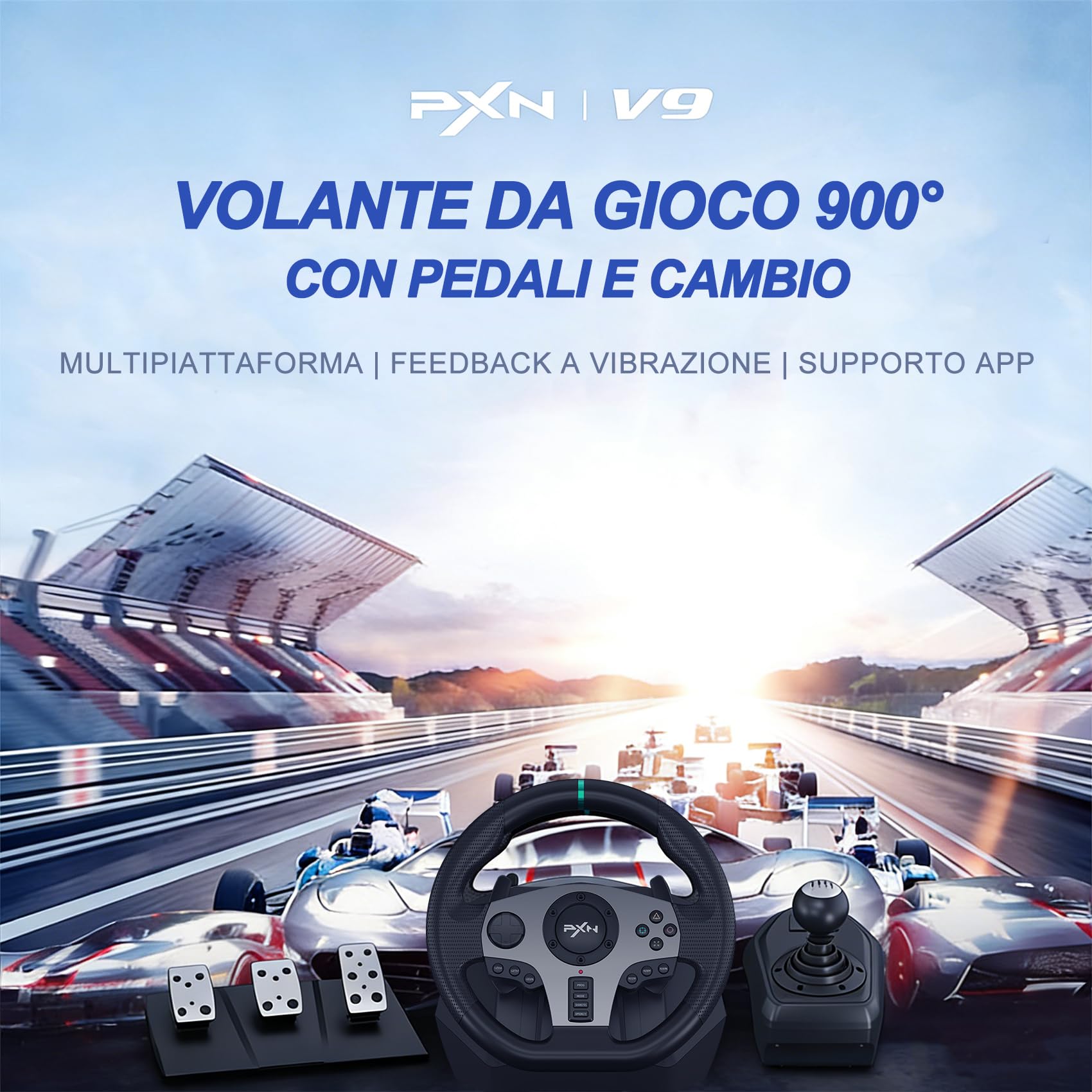 PXN V9 Volante con Pedali e Leva di Cambio - Volante da Corsa 270/900°, 3-Pedali, Cambio ad H, Cambio a Palette, Feedback di Vibrazione, Tool App, Volante per PC, PS3, PS4 e Xbox - 3