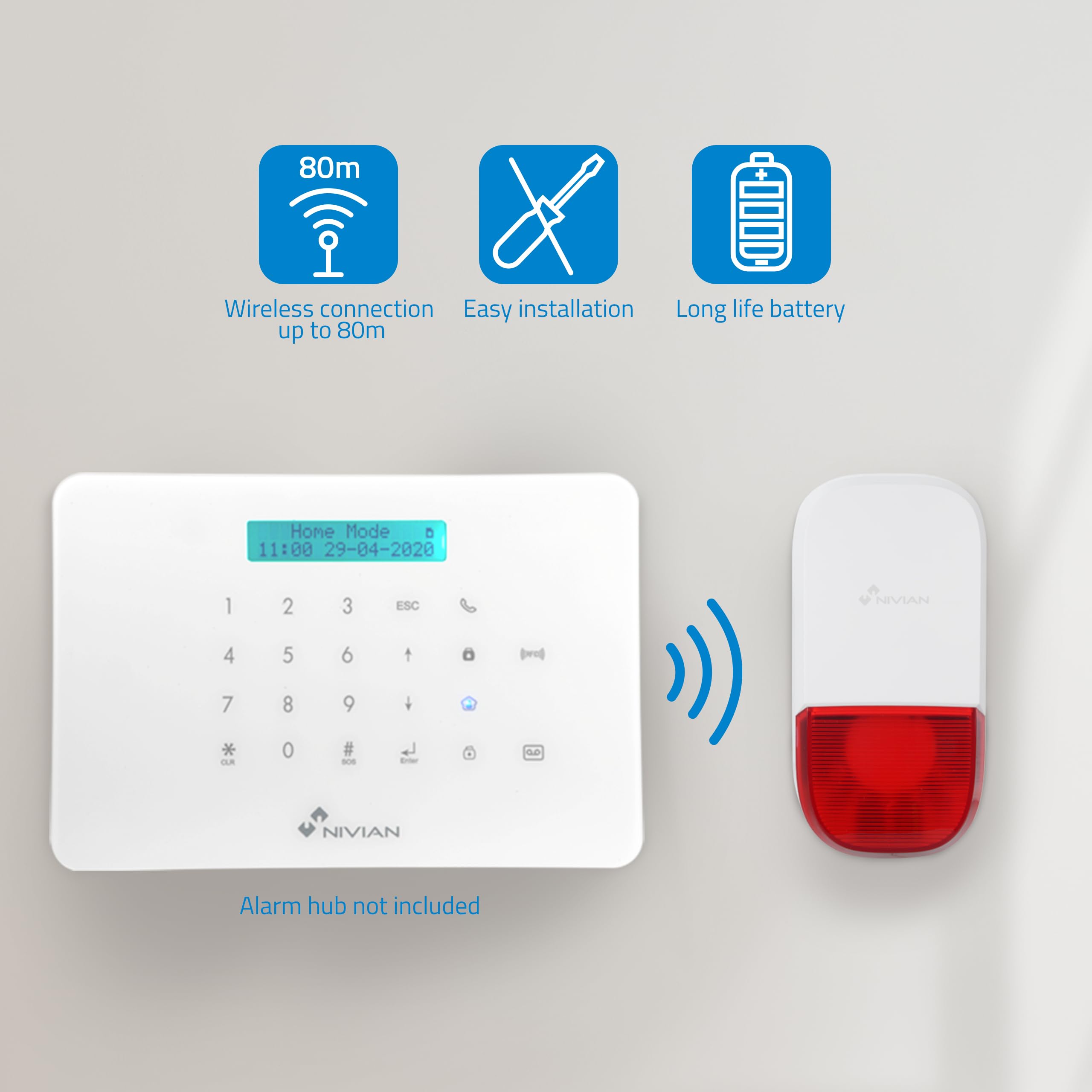 Nivian–Sirena inalámbrica compatible con sistema de alarma Nivian–Apta para interior y exterior resistentes al agua–Alerta lumínica y sonora de 95dB–Incluye batería de respaldo-Fácil instalación