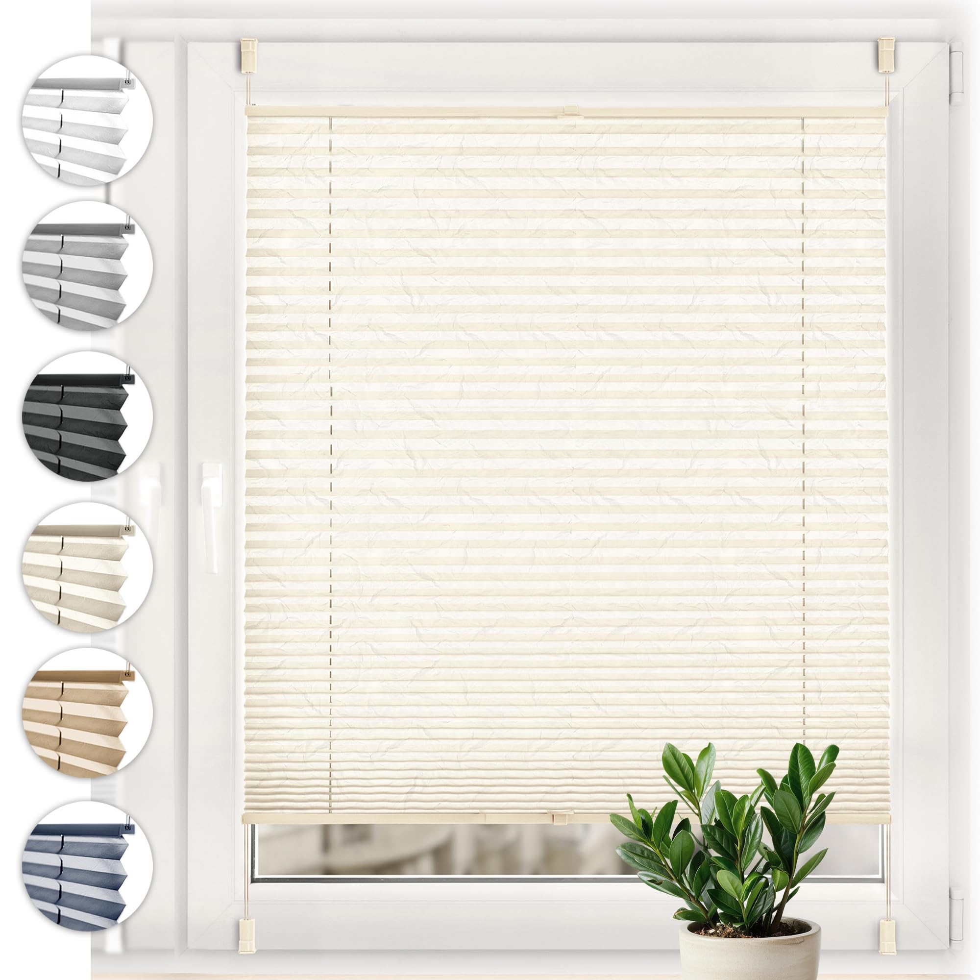 Sonello Plissee Crush Klemmfix ohne Bohren 55cm x 120cm Ecru Faltrollo Plisseerollo Jalousie für Tür & Fenster Blickdicht Sichtschutz Sonnenschutz Fertifplissee Rollo