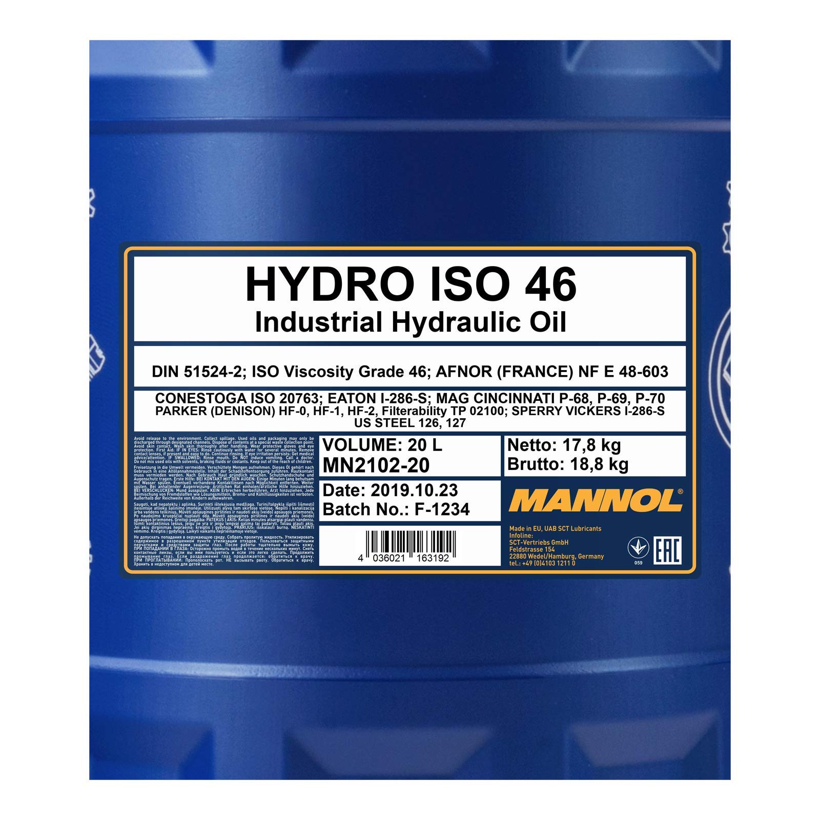 MANNOL 20L Hydrauliköl Schmierstoff Hydro ISO 46 Mineralöl MN2102-20 + Auslaufhahn