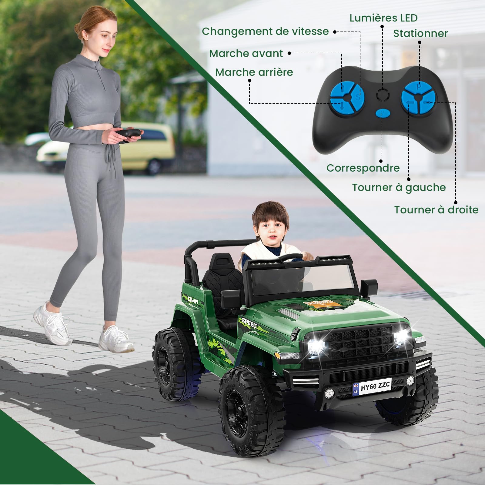COSTWAY 24V Voiture Electrique 2 Places Enfants avec Télécommande 2,4G, Véhicule Electrique avec Musique & Lumières LED, Démarrage Lent & 2 Vitesses, Charge 35kg pour Enfants de 3-8 Ans+ (Vert)