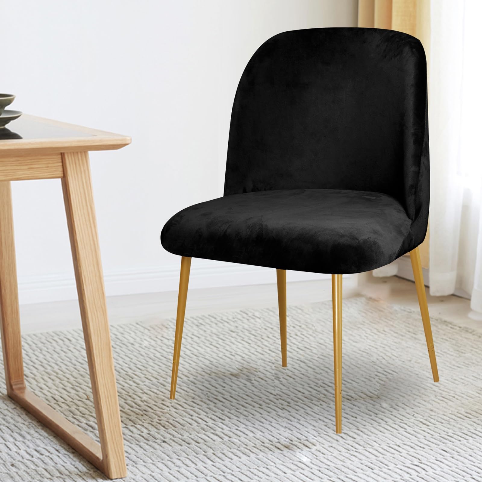 2 Stück Stuhlhussen mit runder, gebogener Rückenlehne, Stretch-Stuhlhusse aus Samt, wiederverwendbarer Schutz for Esszimmerstühle for Büro, Esszimmer, Bankett, Zuhause, Party-Dekor(Black)
