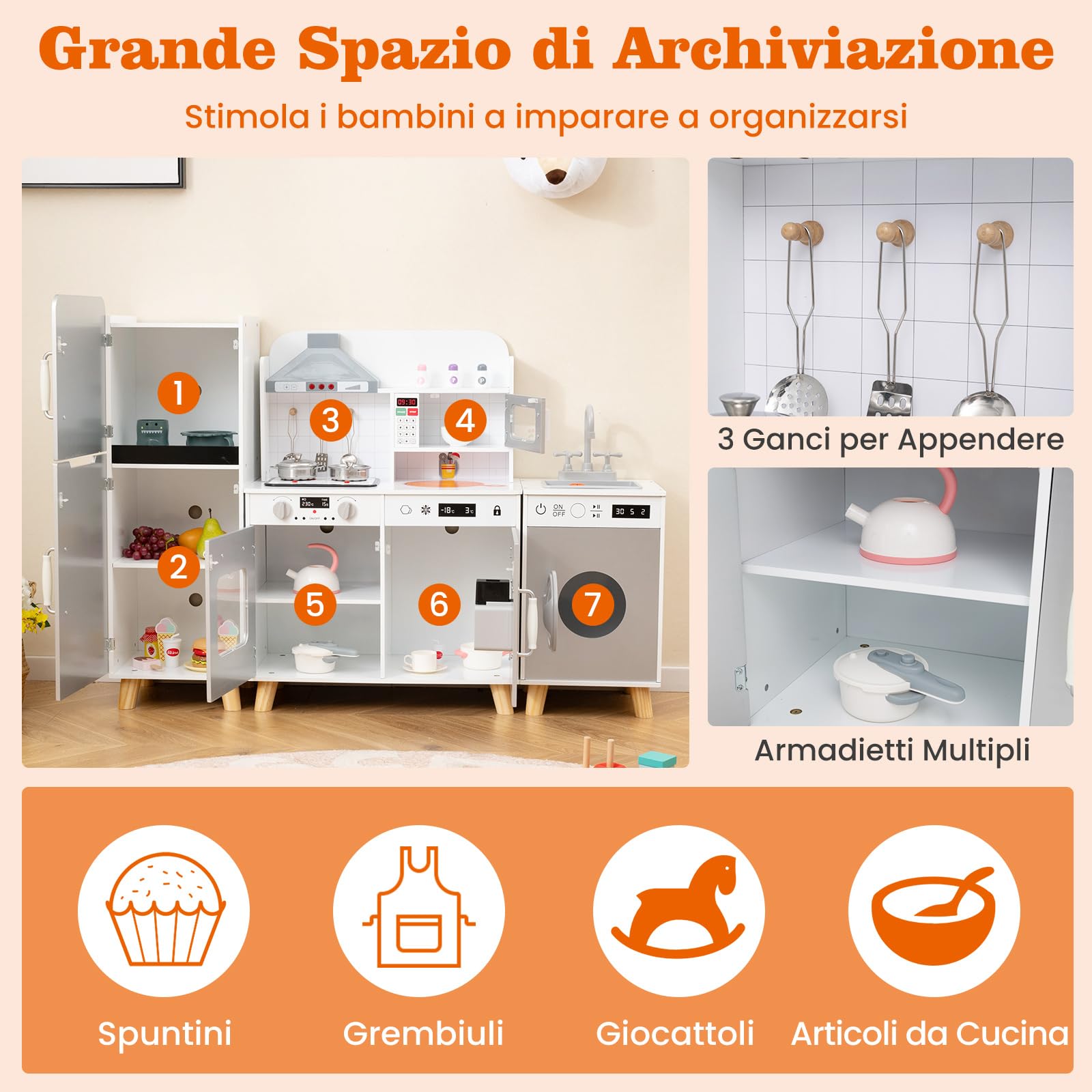 GYMAX Set Cucina Giocattolo Modulari per Bambini, Cucina Angolare con Cappa, Lavatrice, Macchina del Ghiaccio, Microonde, Luce e Suoni Reali, Cucina per Bambini dai 3 Anni+ (Grigio)
