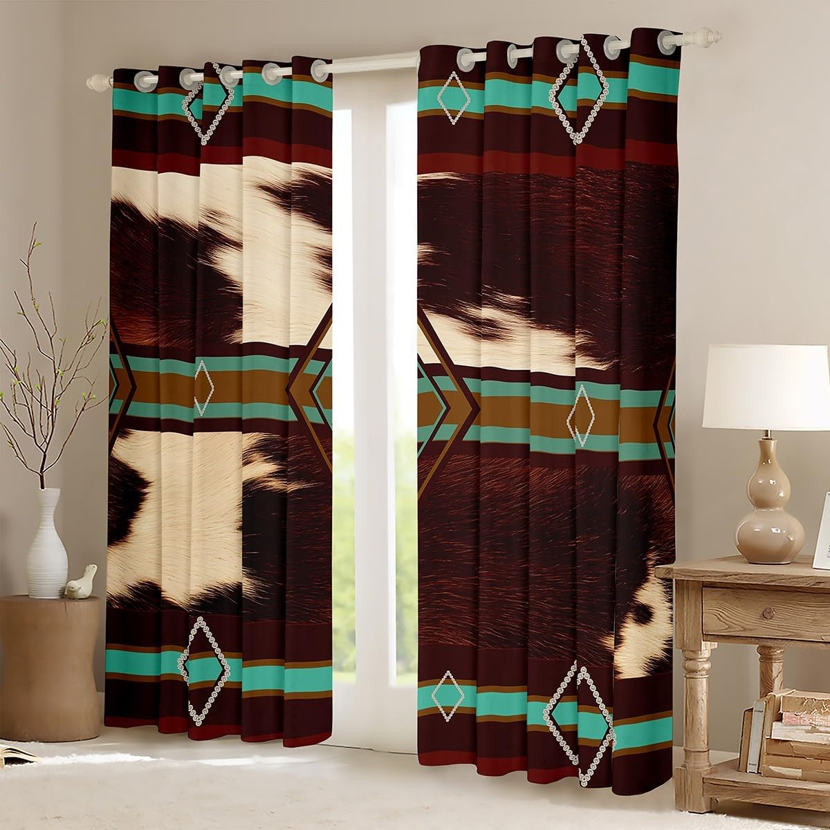 Western Curtain Southwestern Decor Darkening Drapes Cow Print Curtains for Bedroom Living Room Kids Aztec Curtains Cowhide Blackout Curtains Geometric Stripe Window Treatments (2 Panels, 42 x 63 Inch) - Image 2