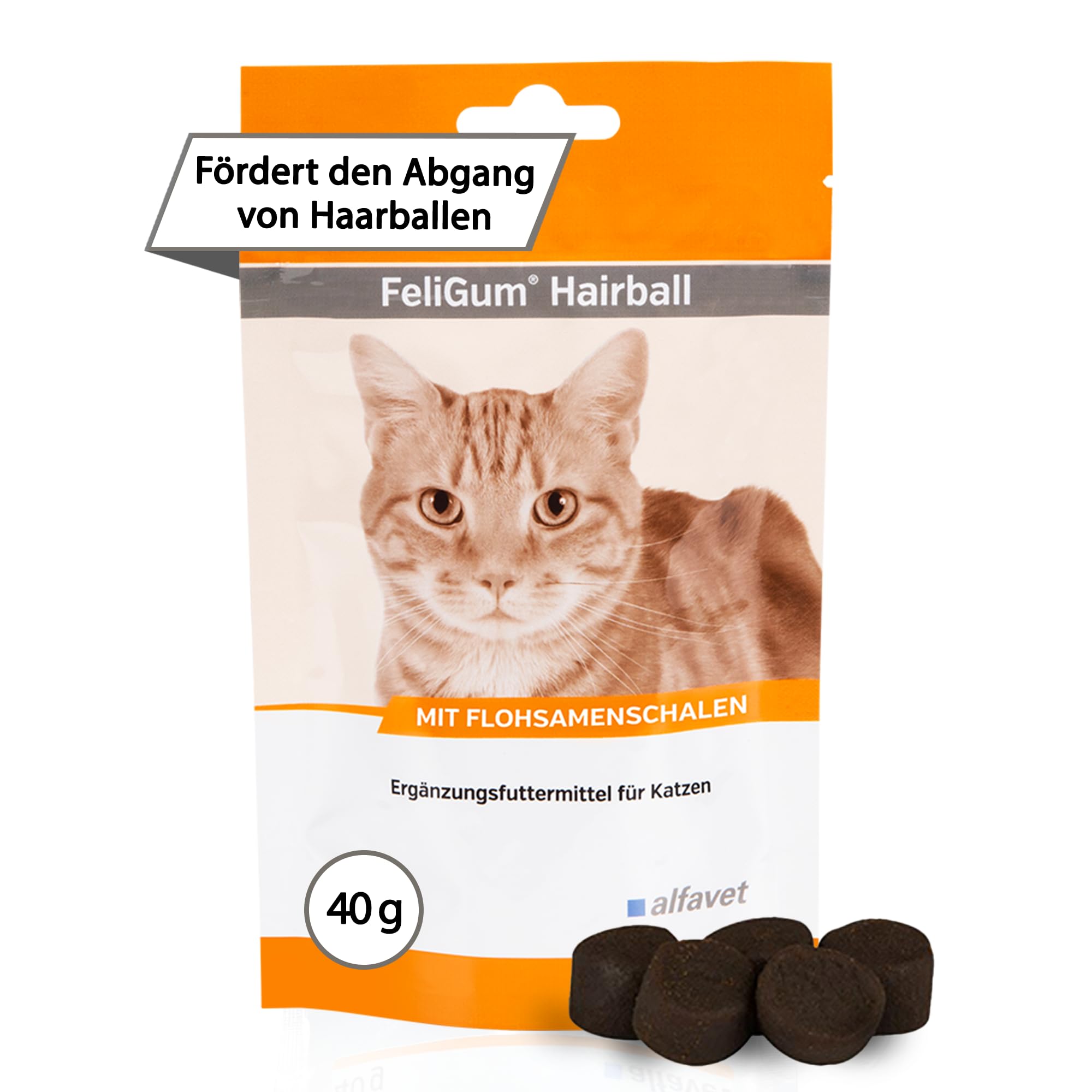 Alfavet FeliGum Hairball Kaudrops zur Unterstützung der Ausscheidung verschluckter Haarballen, Ergänzungsfuttermittel für Katzen, 40g Beutel