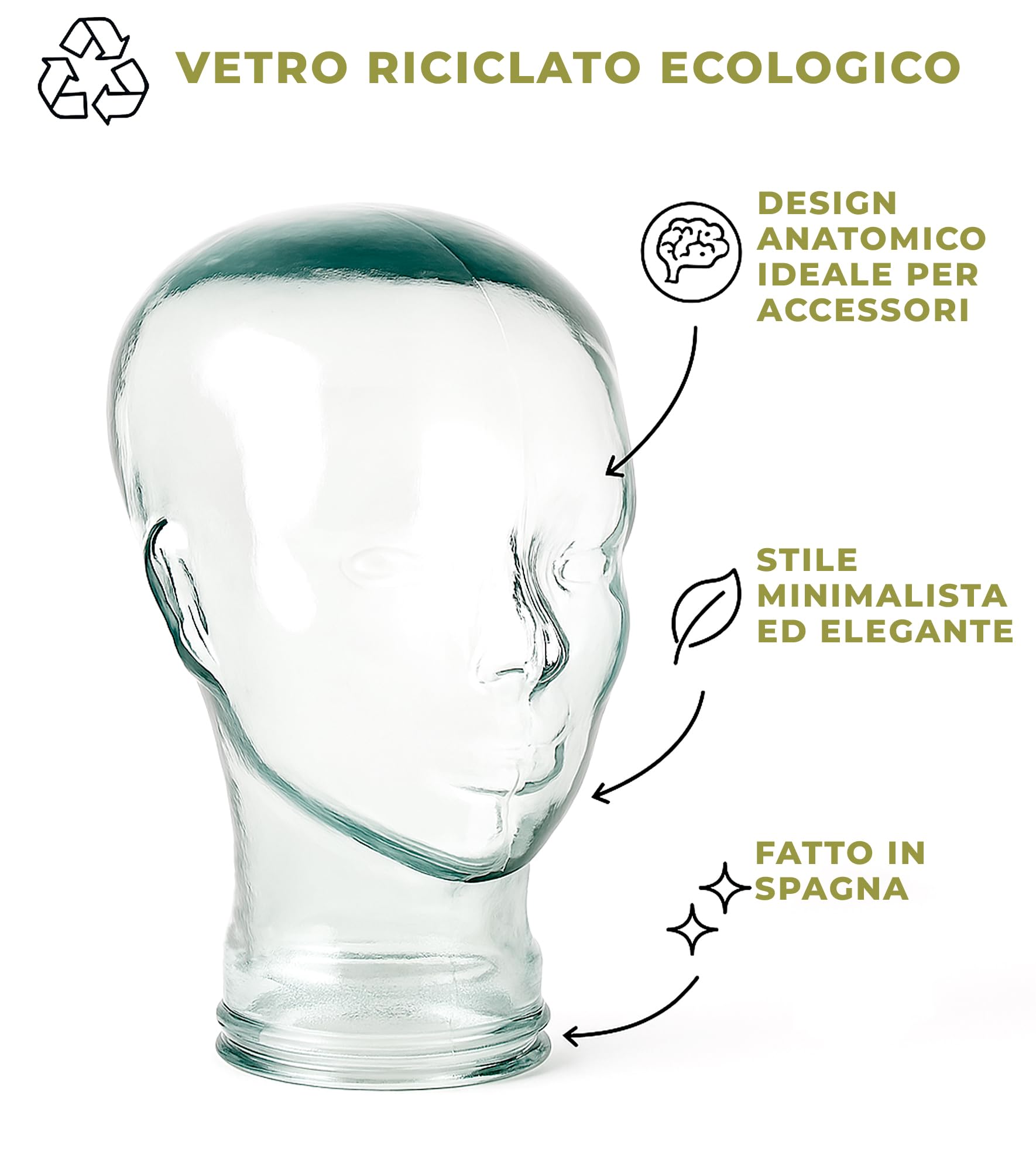 Testa di Manichino di vetro per Caschi Cappelli e Gioielli - Testina porta accesori manichino uomo || Espositore Decorativo per Vetrine e Conservazione di Accessori