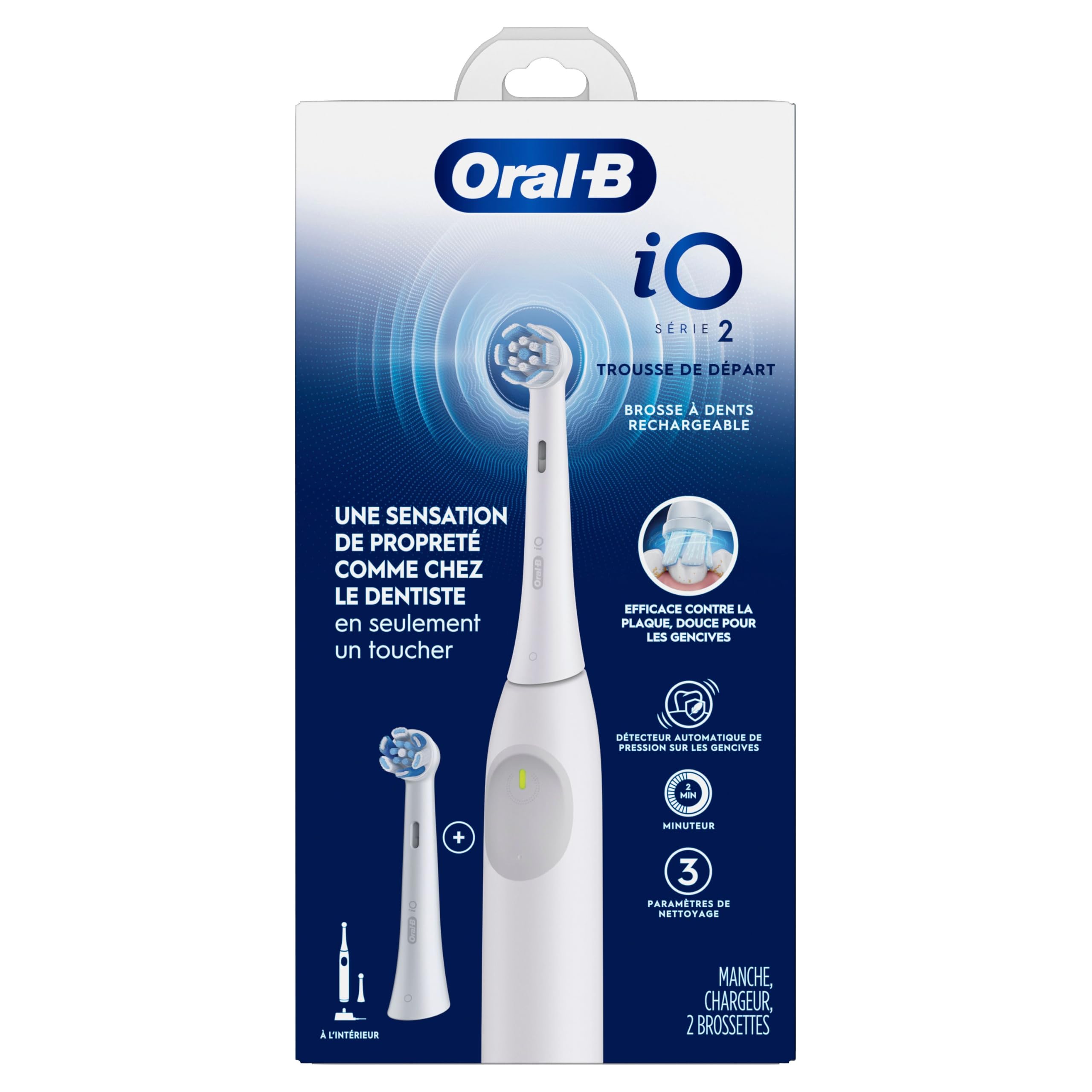 Oral-B Spazzolino Elettrico Ricaricabile, Starter Kit iO2, 3 Modalità di Pulizia, Sensore di Pressione Automatico per Proteggere le Gengive, 2 Testine, Bianco Puro