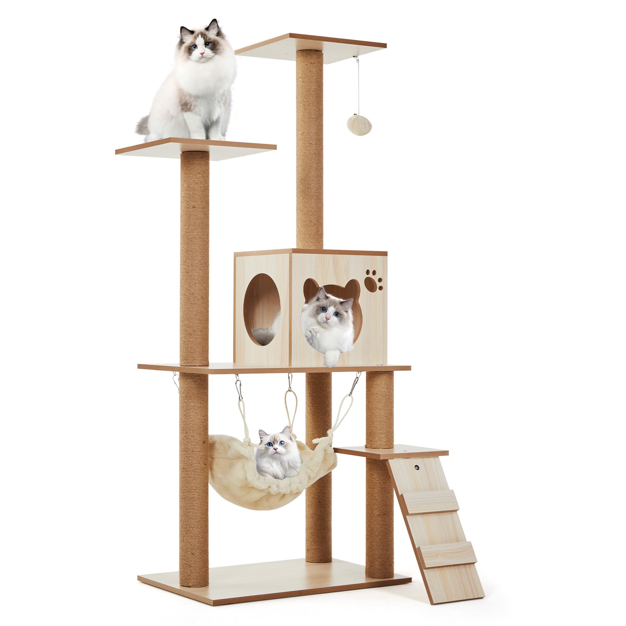 Garvee Arbre à Chat en Bois – Hamac Confortable, étagère Solide, Maison pour Chats – Griffoir intégré, Structure Stable – Adapté Grands et Moyens Chats, Plusieurs Chats – Gain de Place – Couleur Bois