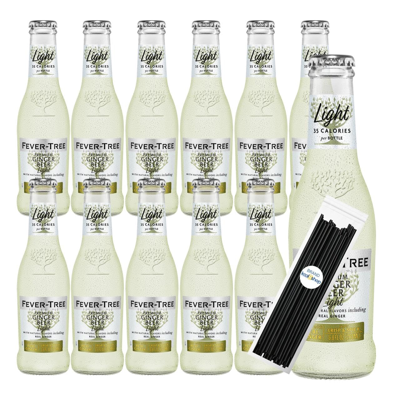 Fever-TreeGinger Beer Light Premium Mixer 6.8 fl oz Glass Bottles 12 Pack + 20 Plastic Stirrer Sticks by KOOL8SHOP Infinite Deals